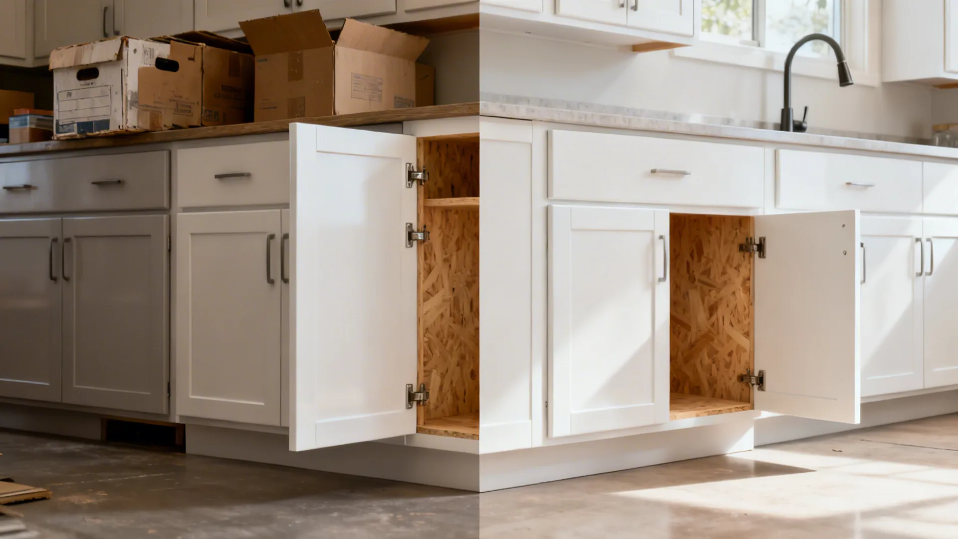 Before-and-after view showing dated cabinets replaced by plywood boxes with new acrylic doors.