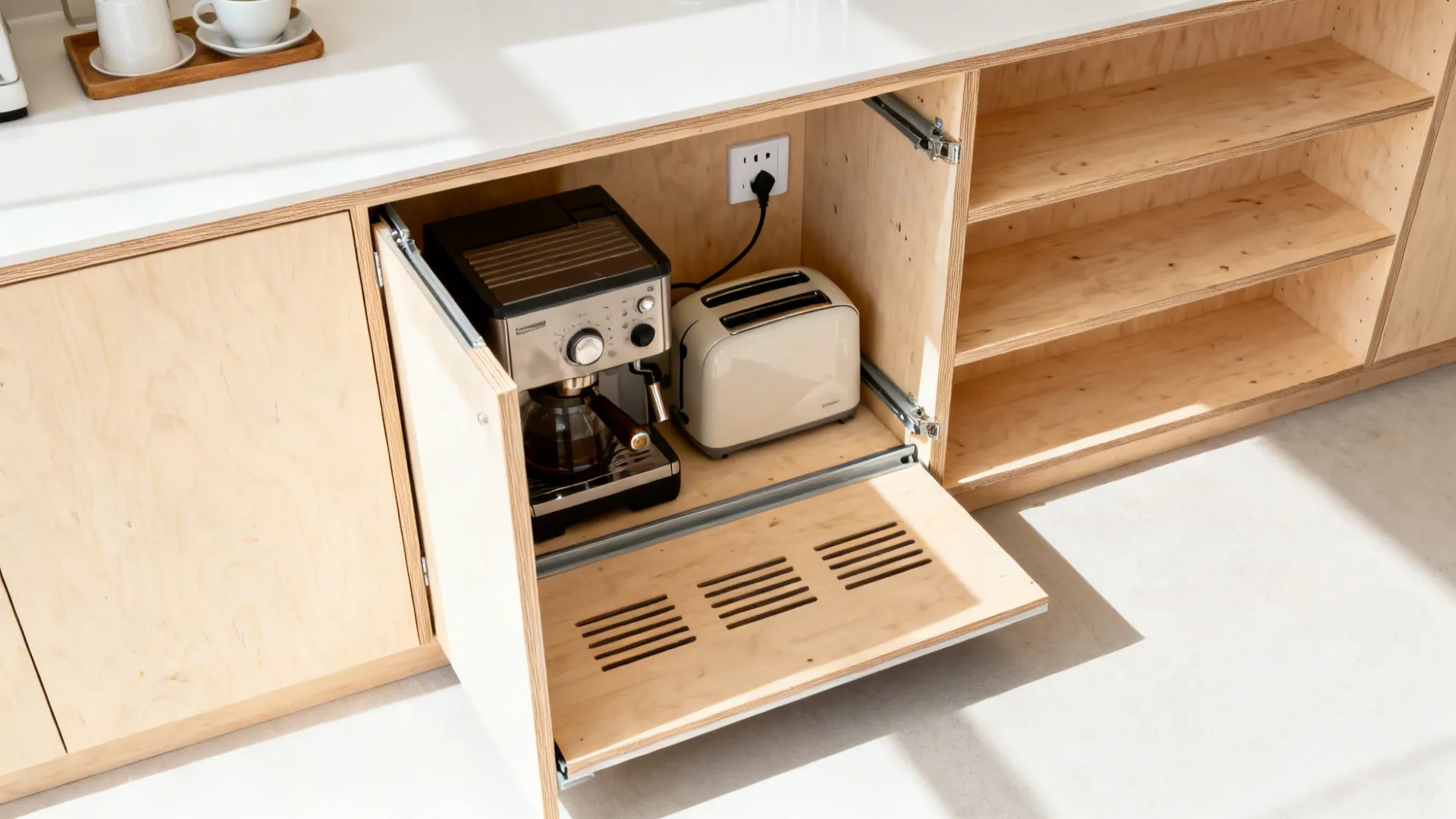Top-down view of a plywood appliance garage with pocket doors and adjacent open shelves.