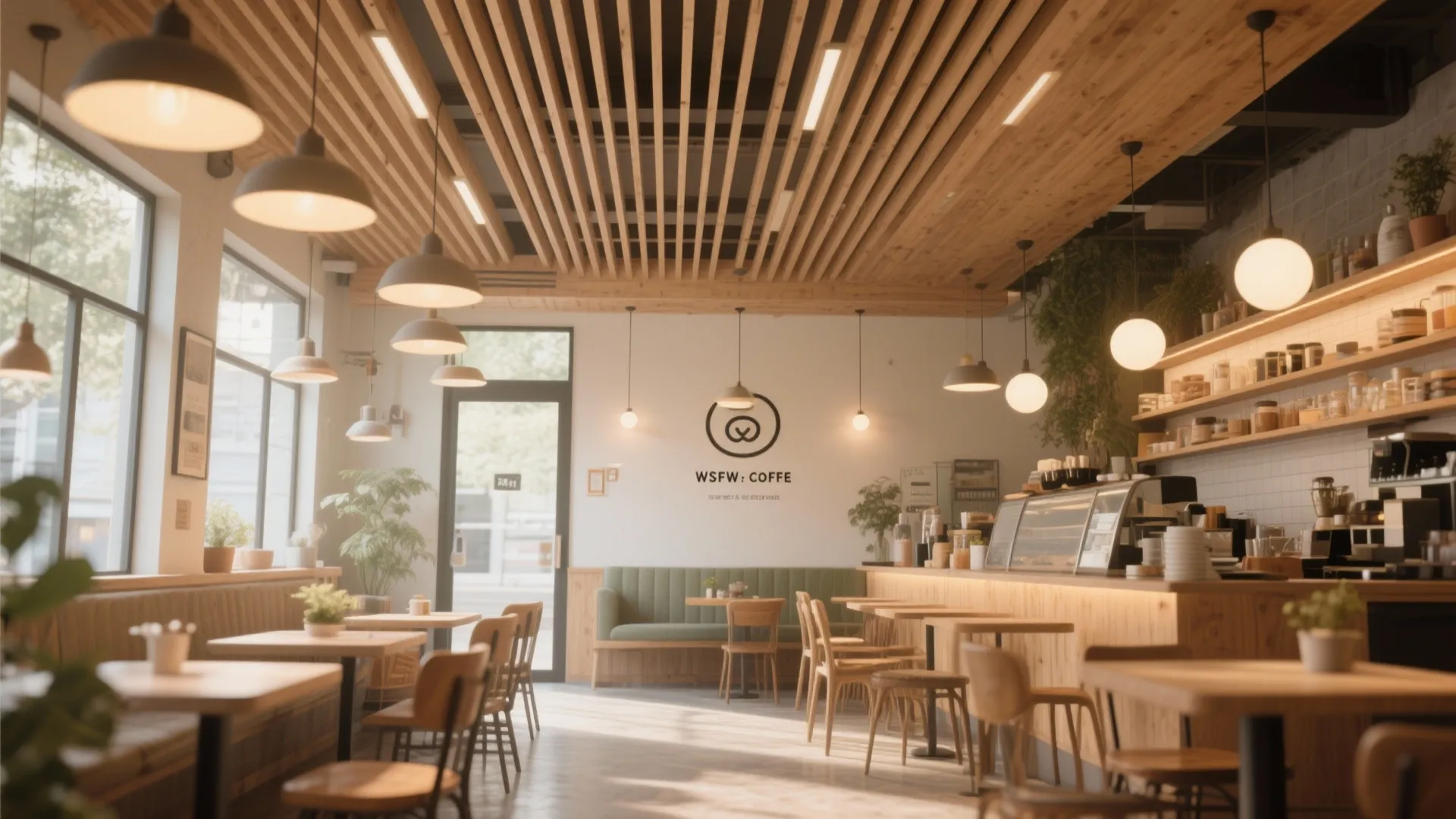 Modern coffee shop with wooden slat ceiling light fixtures wooden furniture and a large counter
