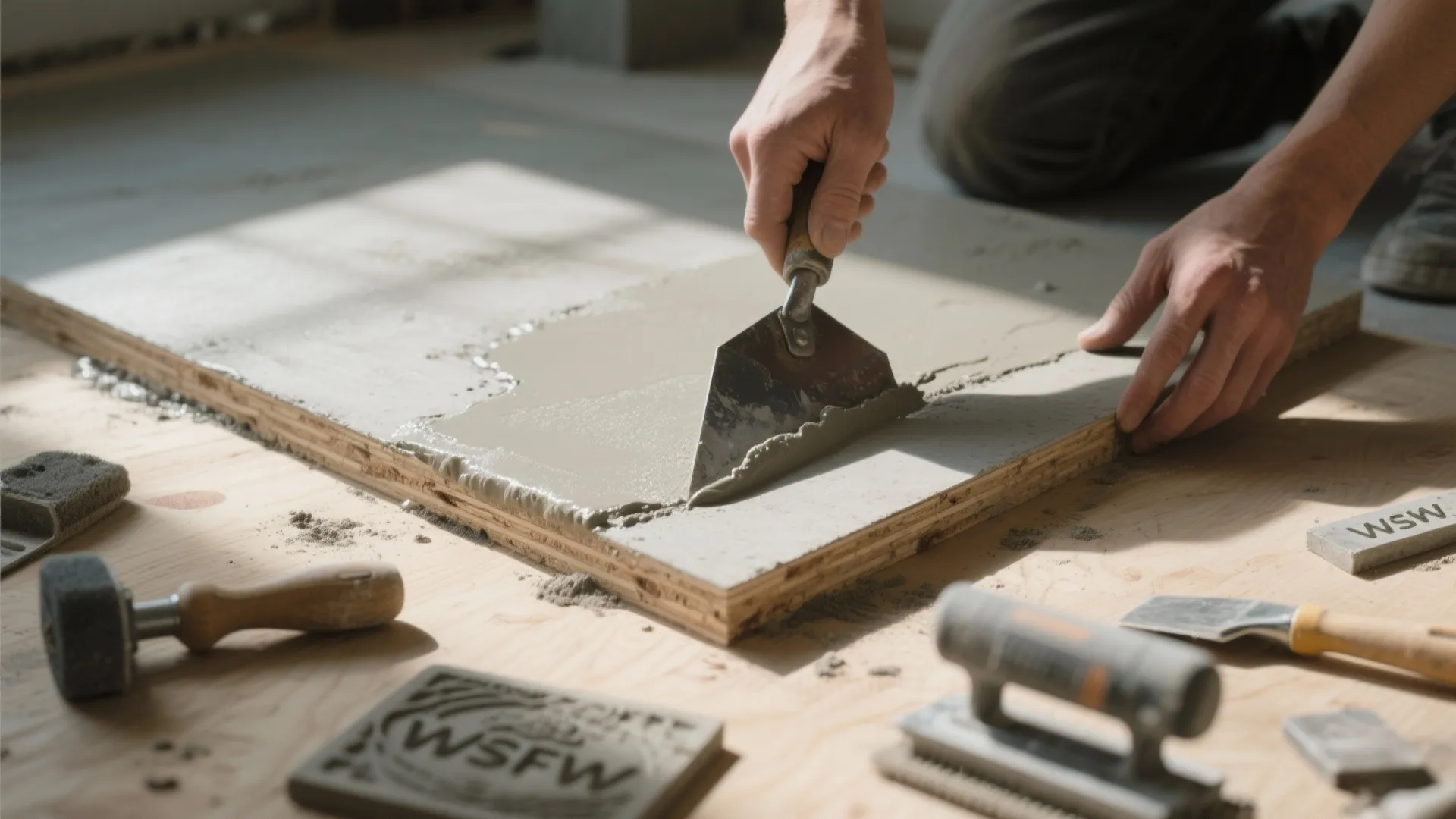 Top-down view of plywood substrate with a thin microcement overlay being troweled and textured for a countertop.