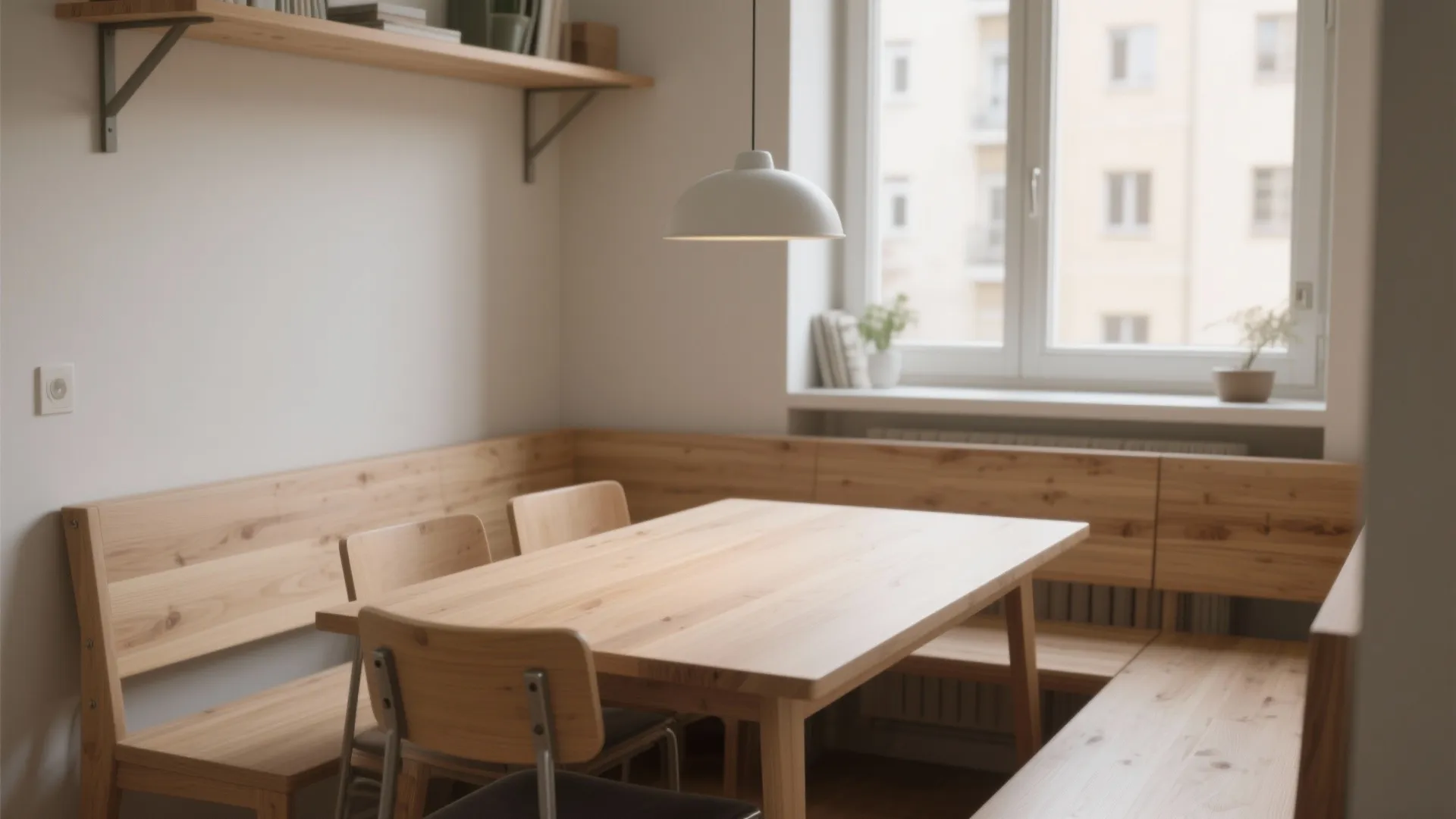 Minimalist dining area with light wood table, built-in wooden bench seating, and simple white ceiling light