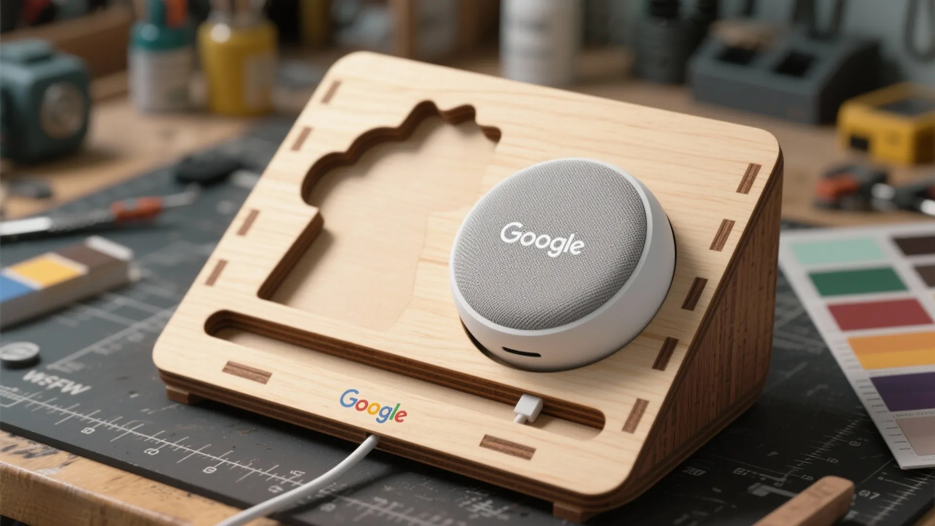 Google home speaker placed on a wooden desk dock with charging cable in a workshop