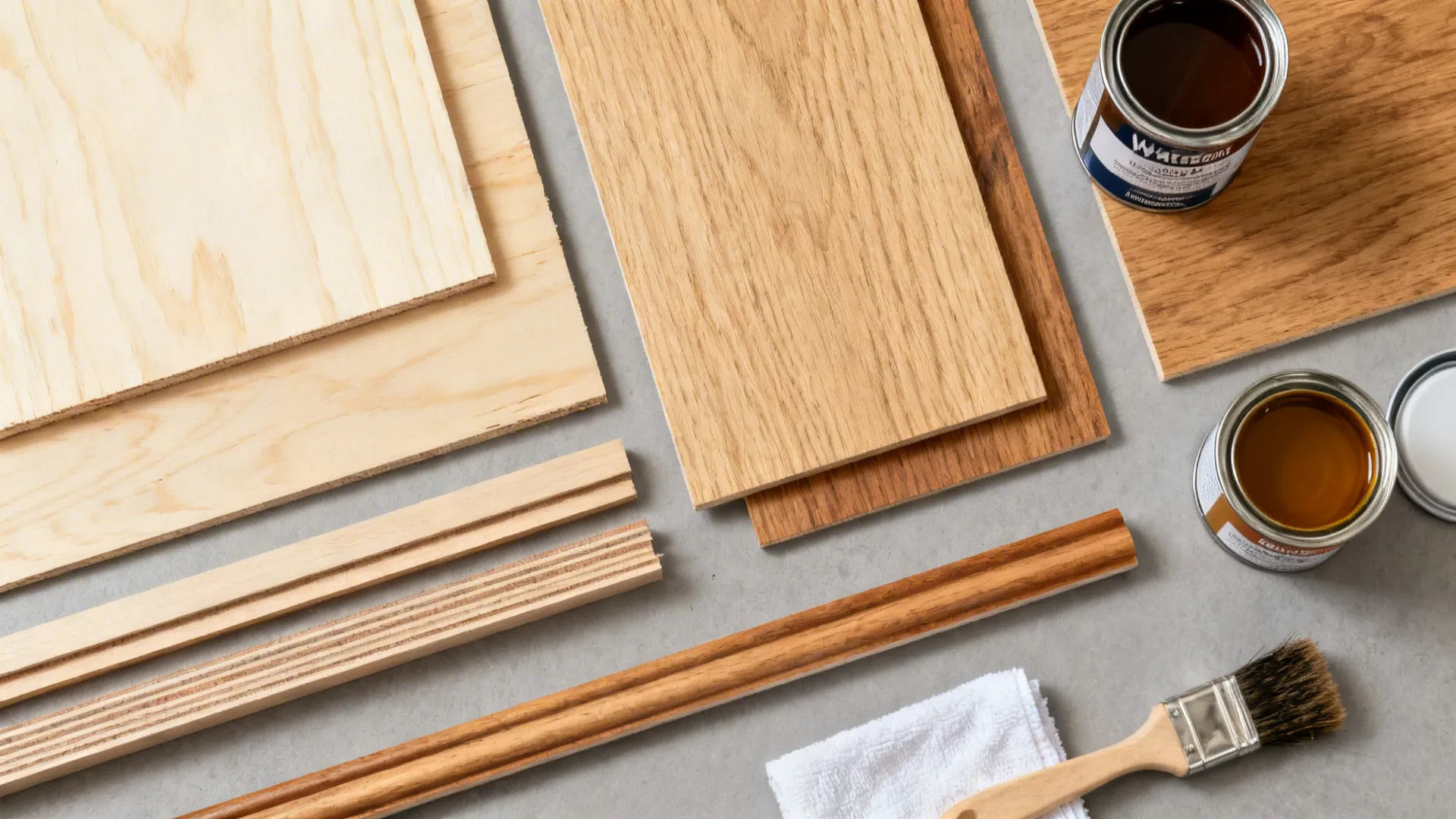 Flat lay of birch, maple, and oak plywood veneers with edge banding and low-odor finishes.