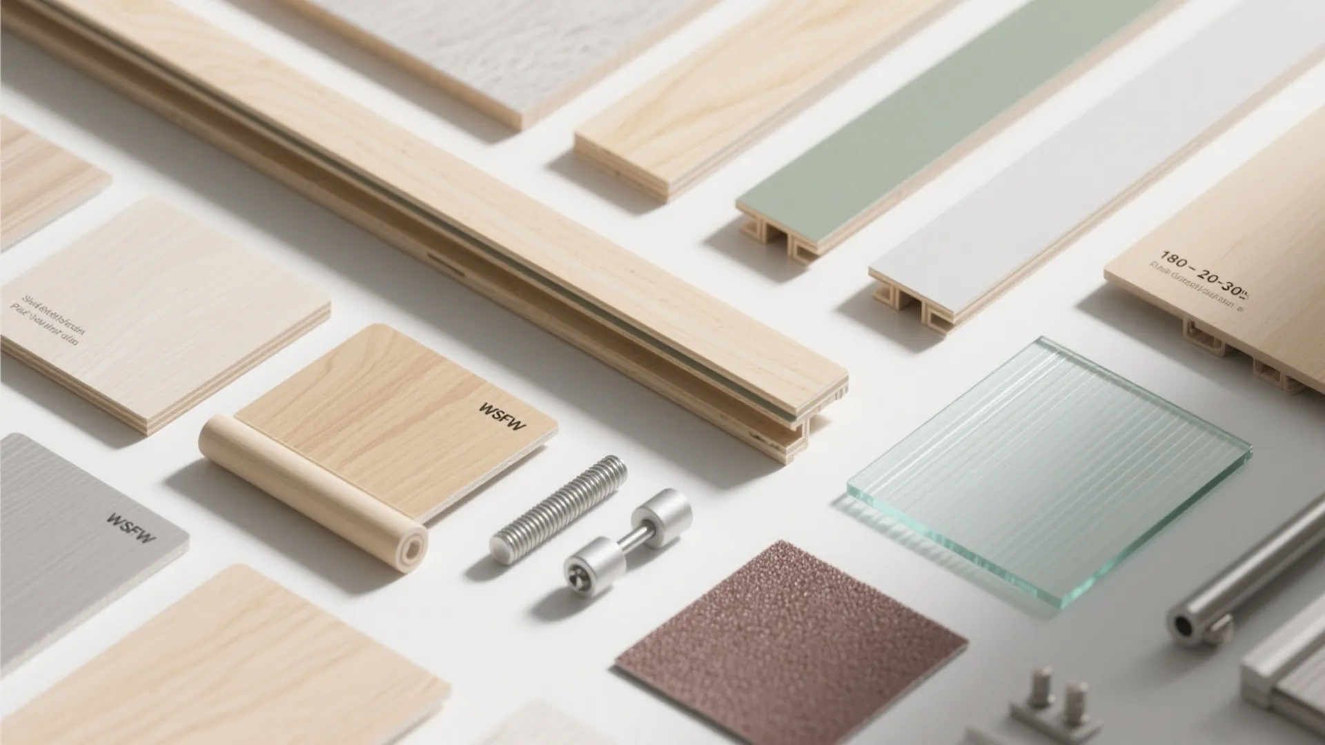 Flat lay of interior design material samples including wood glass metal screws and various panels