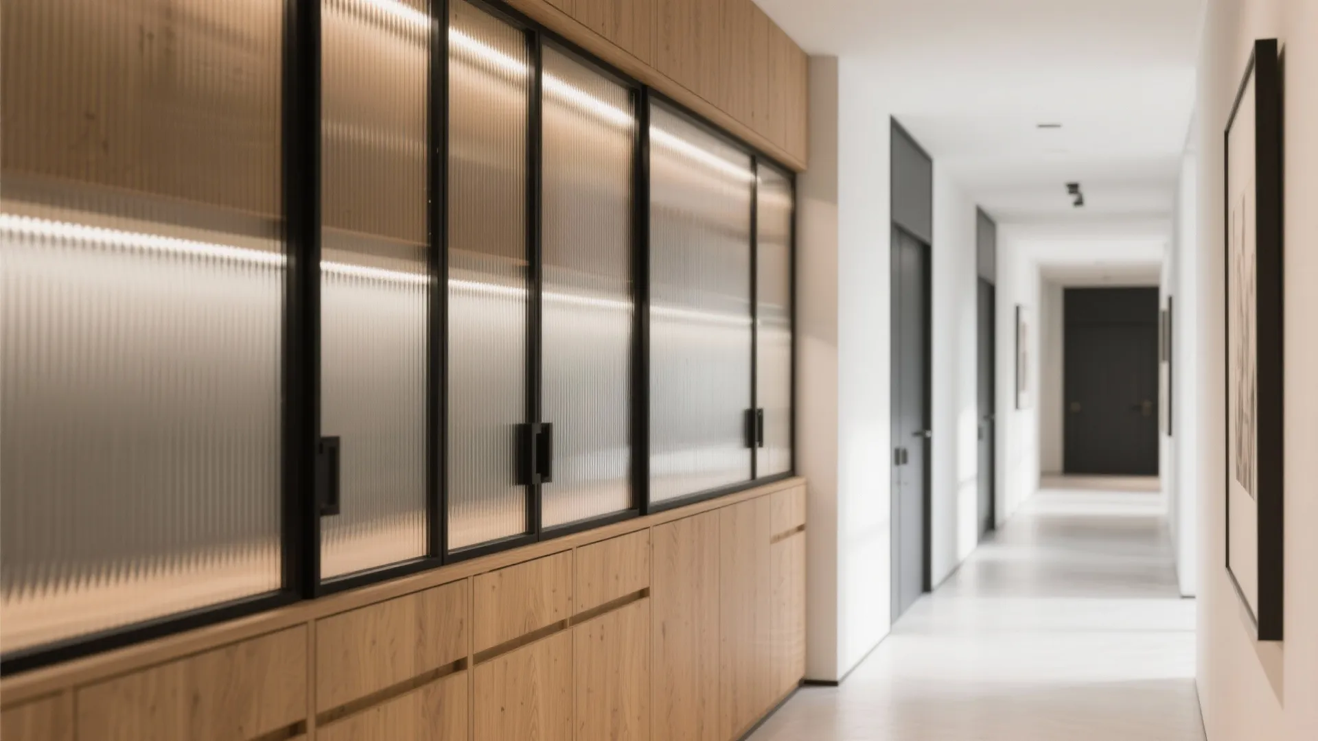 Mixed Materials: Plywood, Glass, and Black Metal Accents