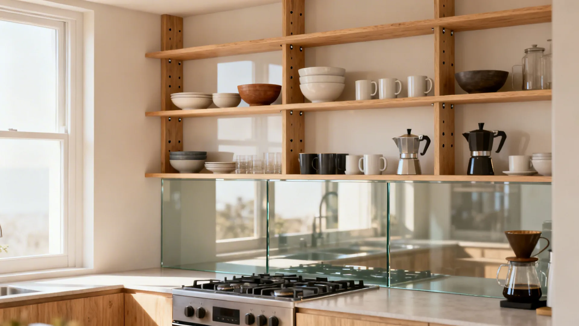 3) Plywood Open Shelving with Glass Backs