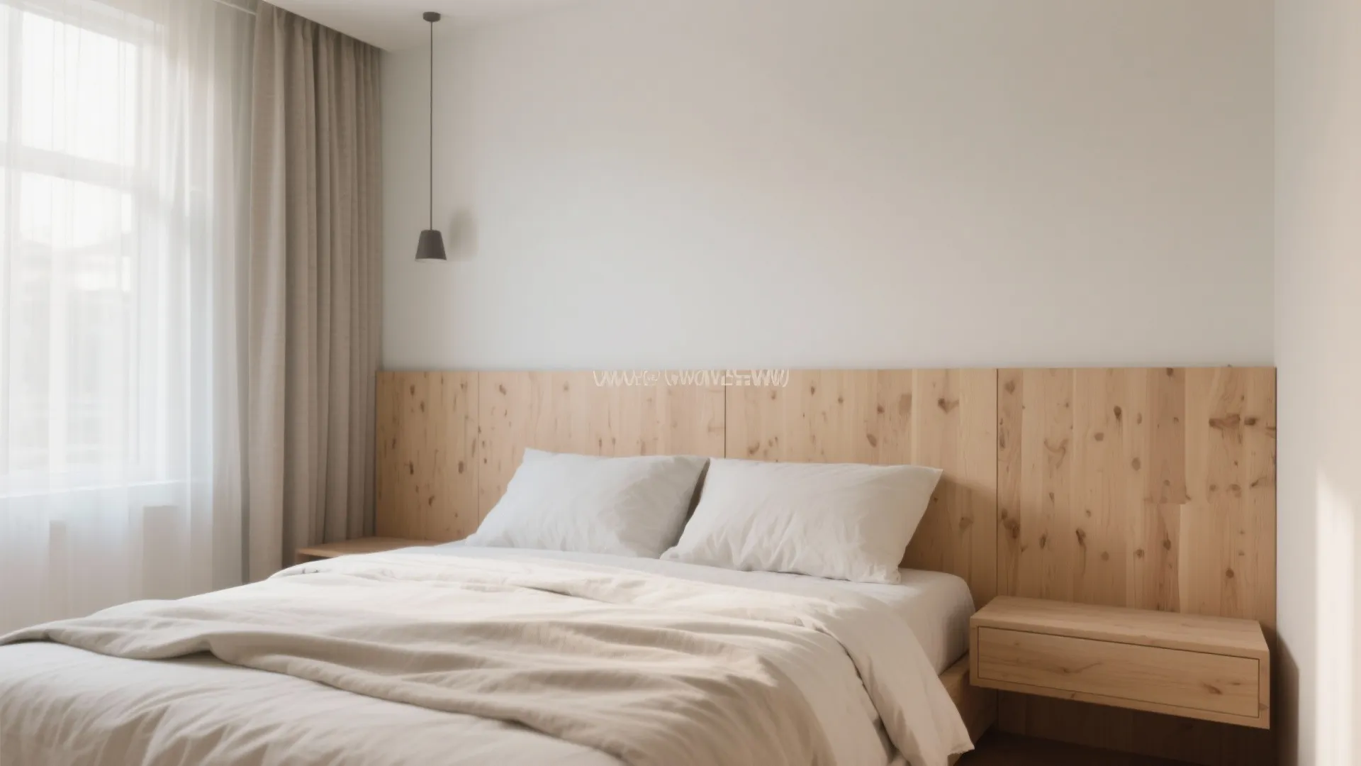 Modern bedroom featuring light wood wall panel white bedding small ceiling light and window curtains