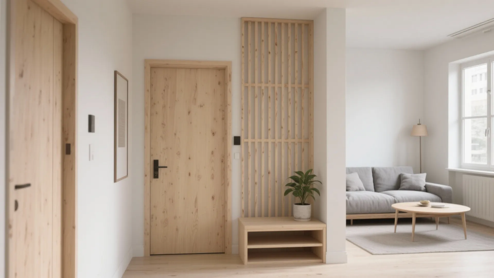 Light wood door and wooden wall panel inside minimalist entryway with plant and living room