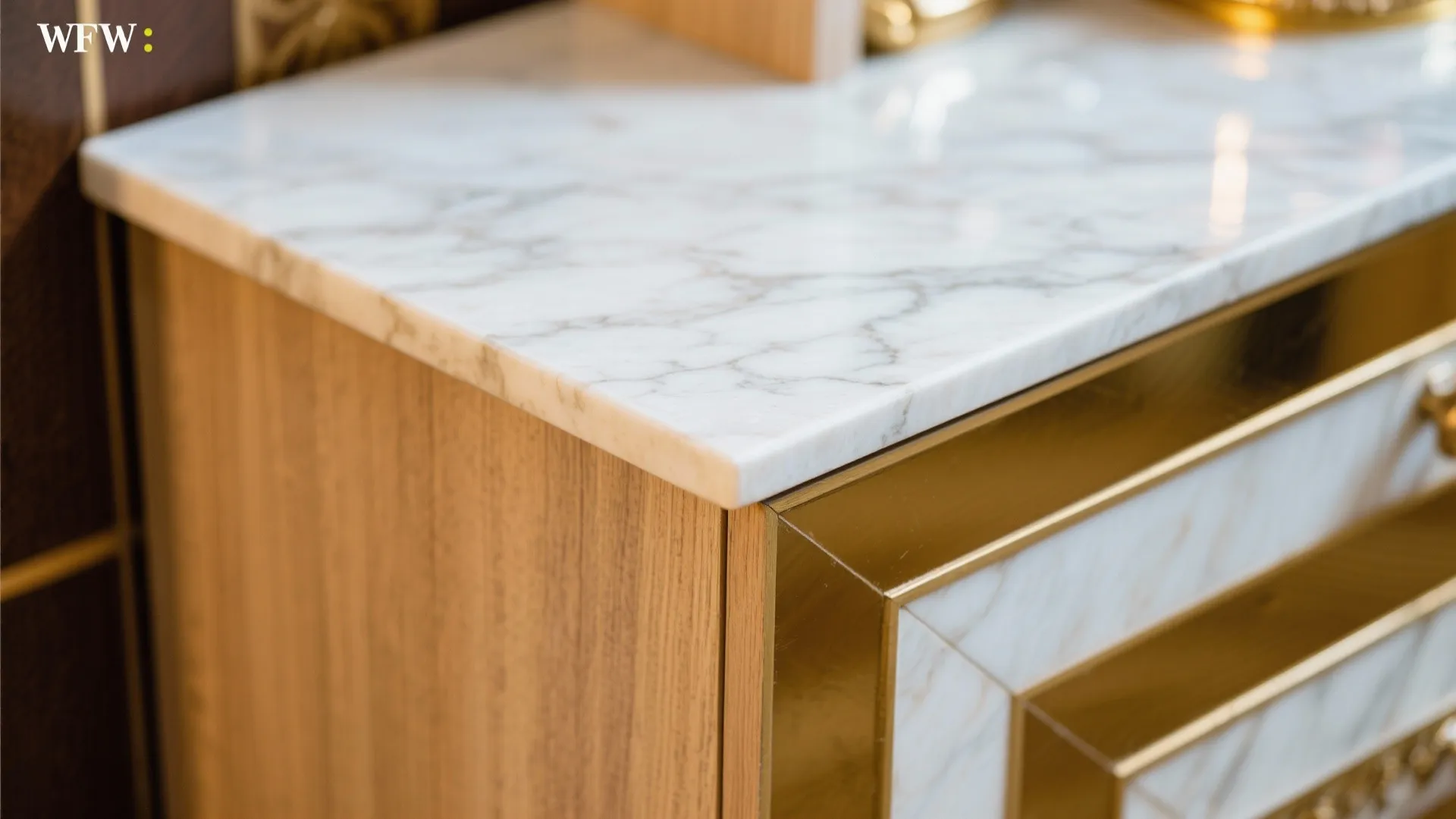 Close up of a luxury cabinet with white marble top gold metal trim and wood