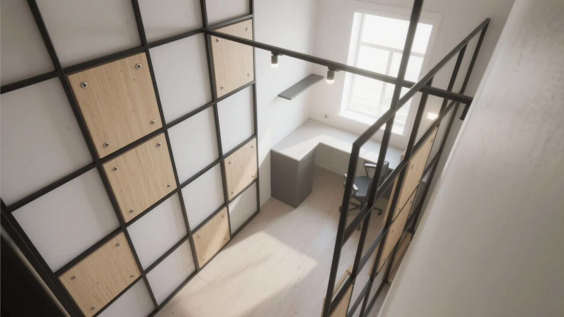 Home office view from above with black metal frame wall panels and small grey corner desk