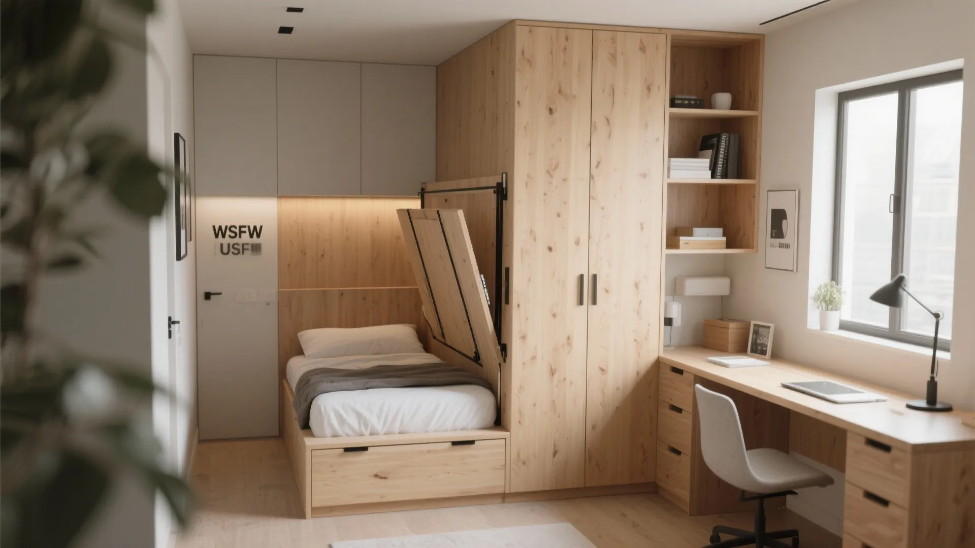 Small bedroom with a wooden fold out bed integrated into a large wooden storage cabinet