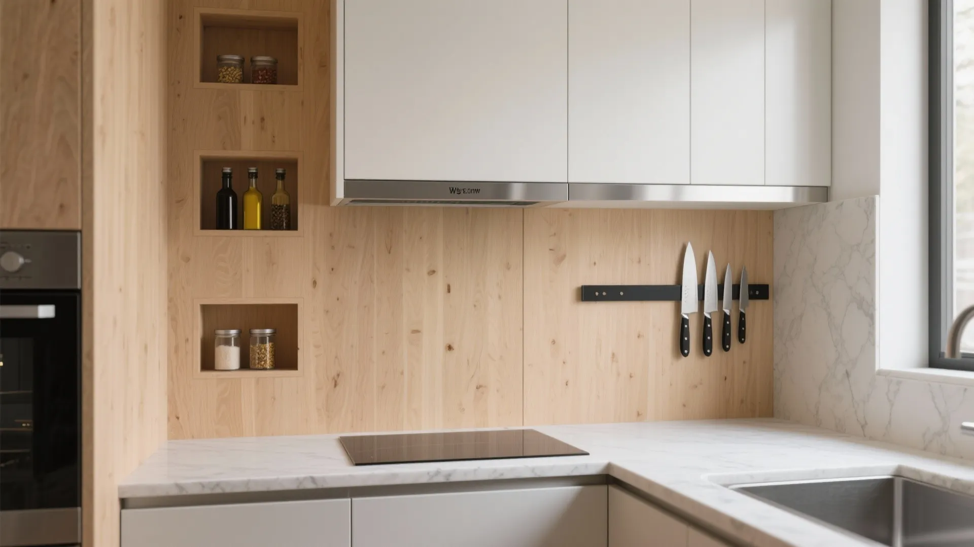 Plywood shear wall with built-in storage for micro-kitchens