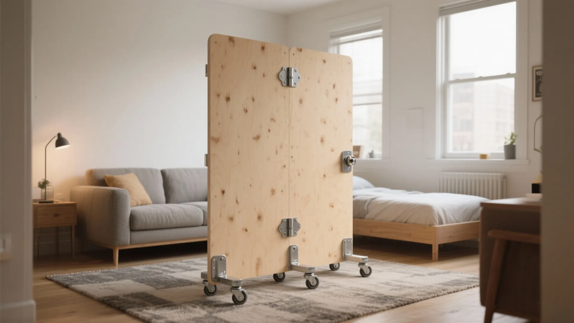 Lightweight birch plywood panel on four locking casters dividing a small studio living space.