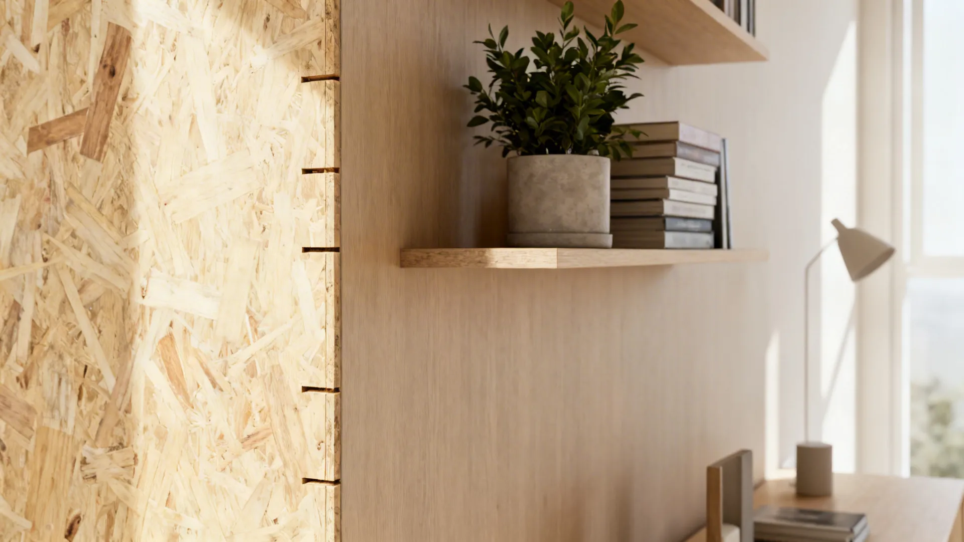 Scandi corner with plywood paneling, shelving and light wood tones.