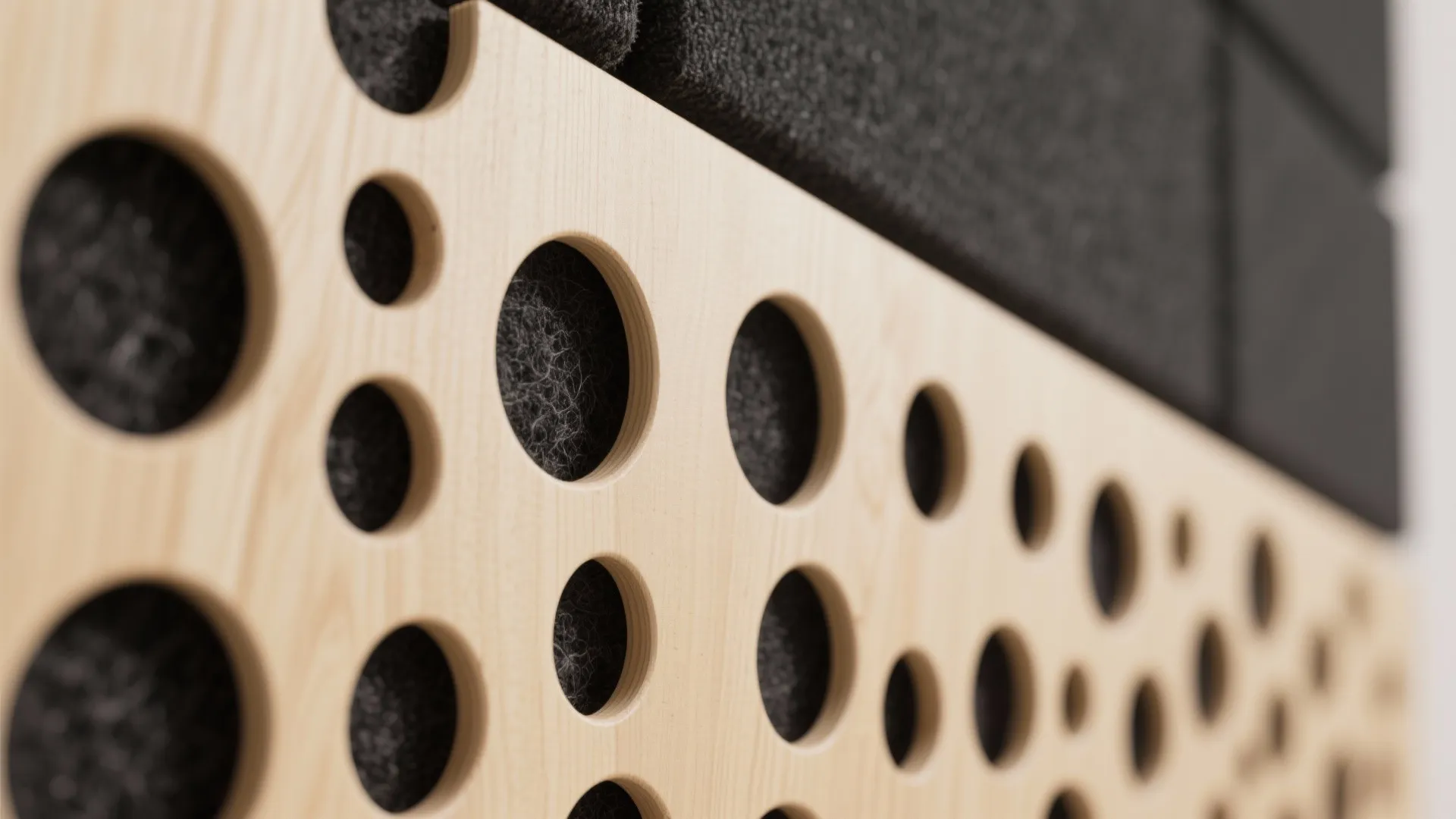 Light wood wall panel with round holes showing a dark grey soft material in back