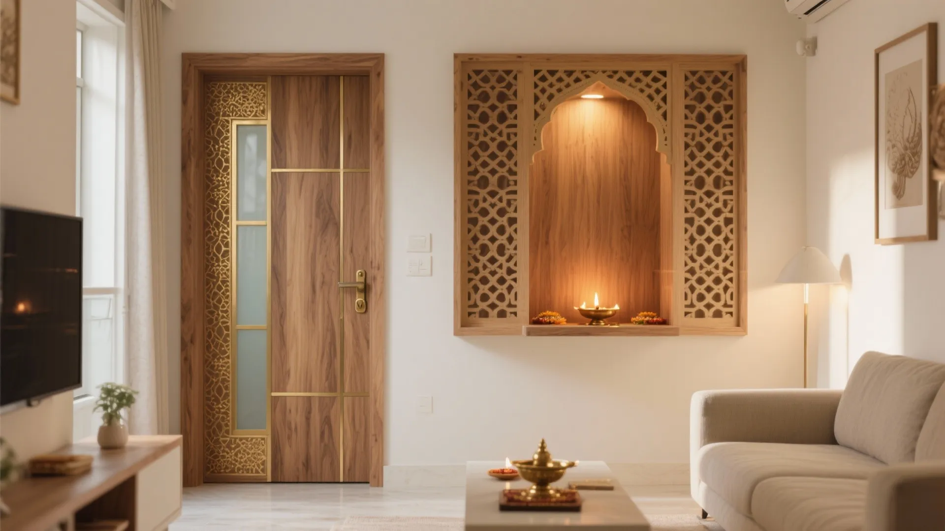 Modern living room featuring wooden door with gold details and matching wooden wall prayer niche