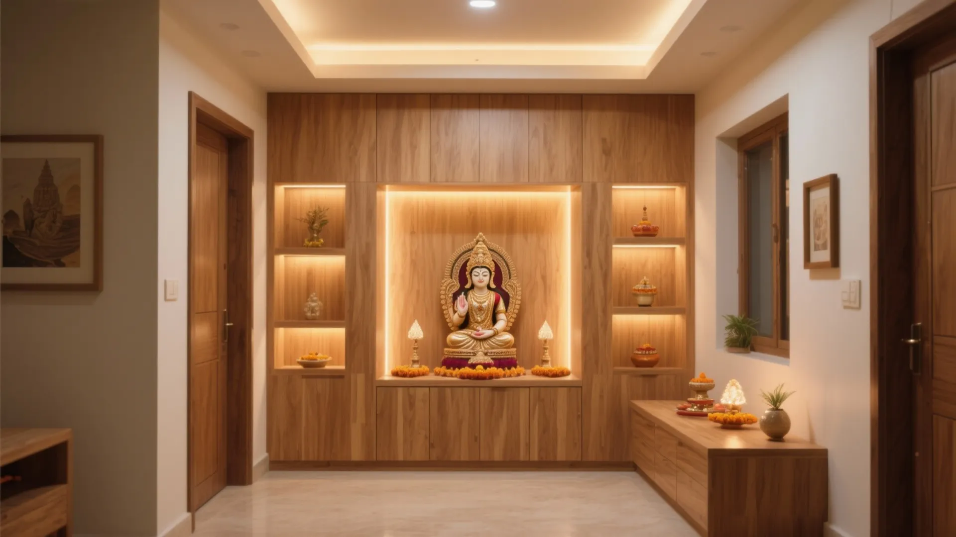 Wooden meditation room featuring built in cabinets with warm lighting and a central gold statue