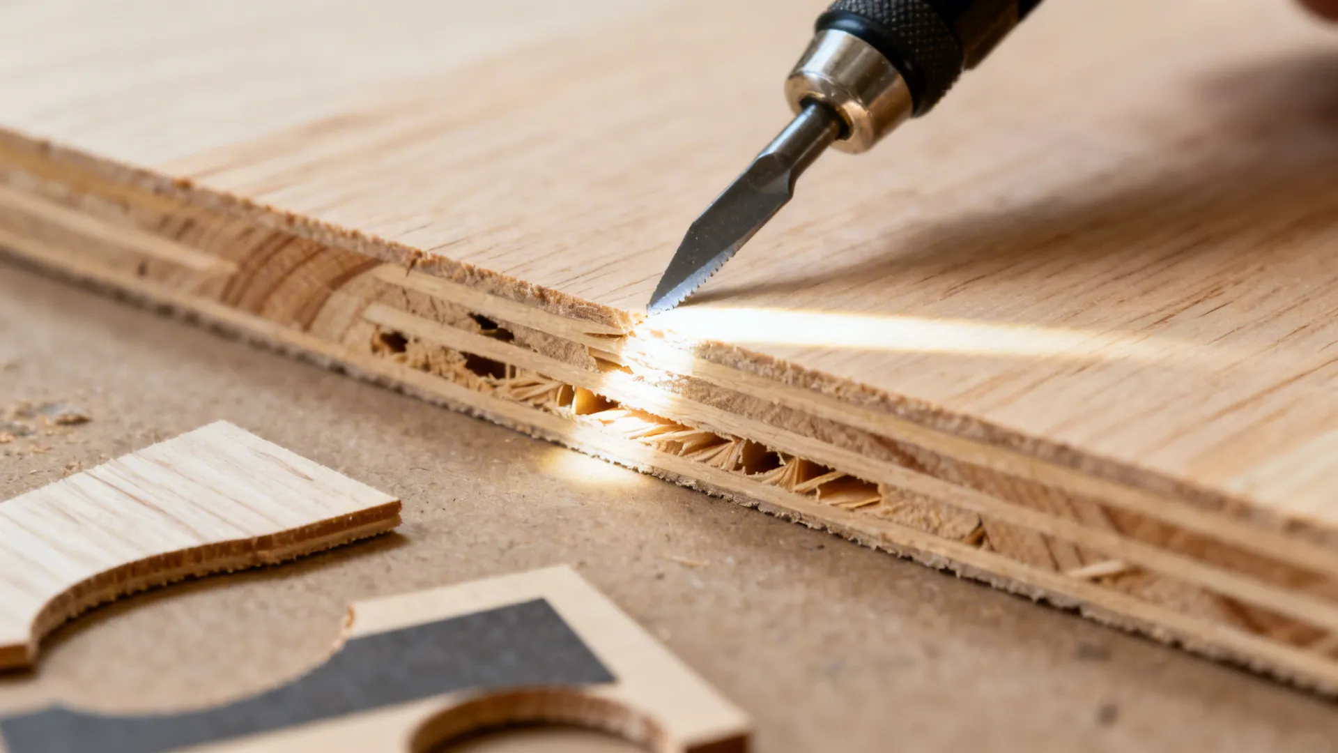 Hand tool cutting a piece of layered wood to show the inside quality and wood grain