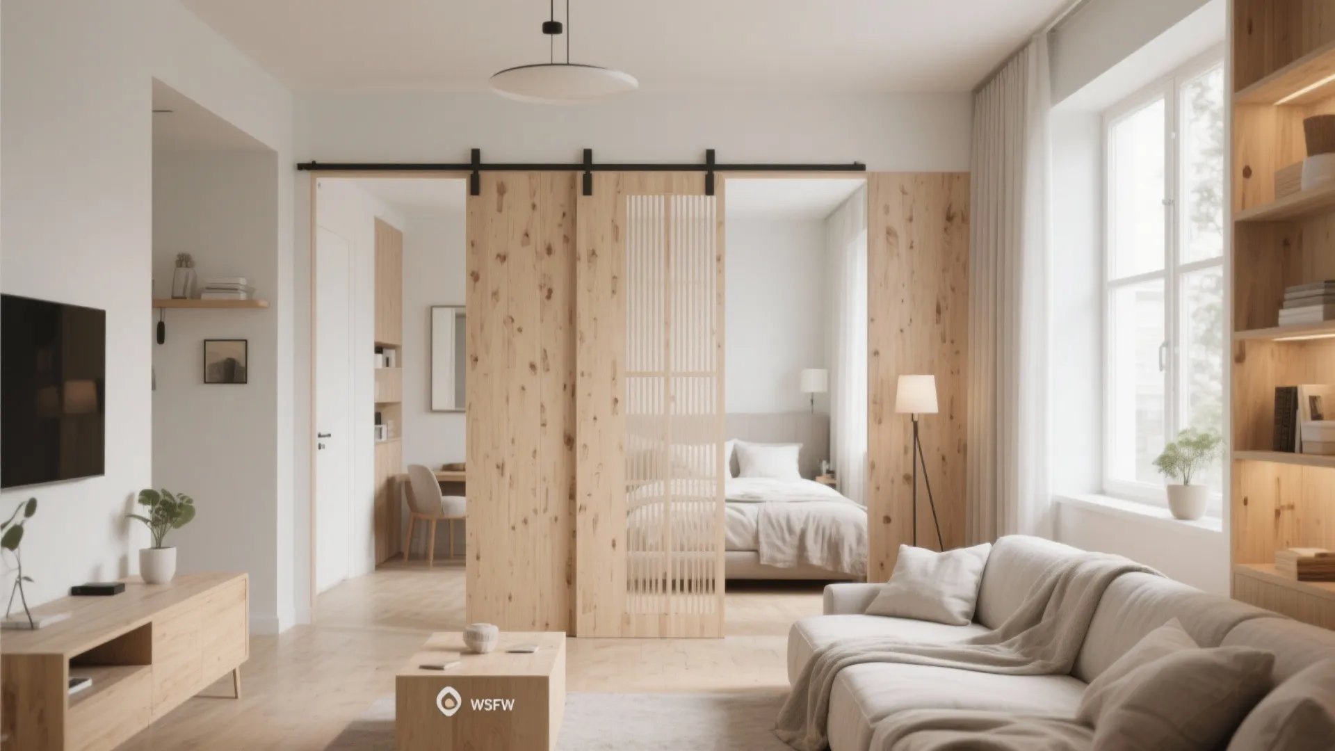 Bright living room with wooden sliding doors separating the space from a white cozy bedroom