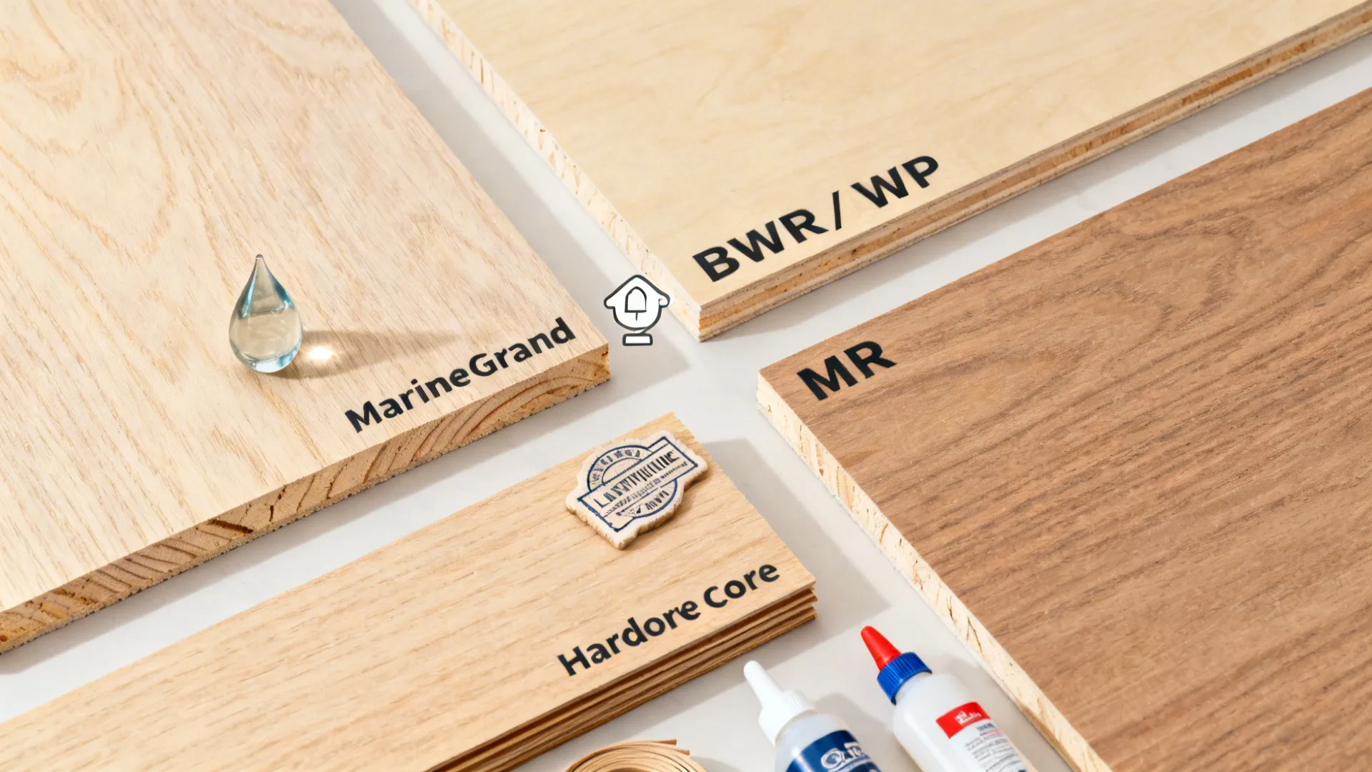 Four different wood board samples labeled MarineGrand BWR MR and Hardore Core with glue bottles