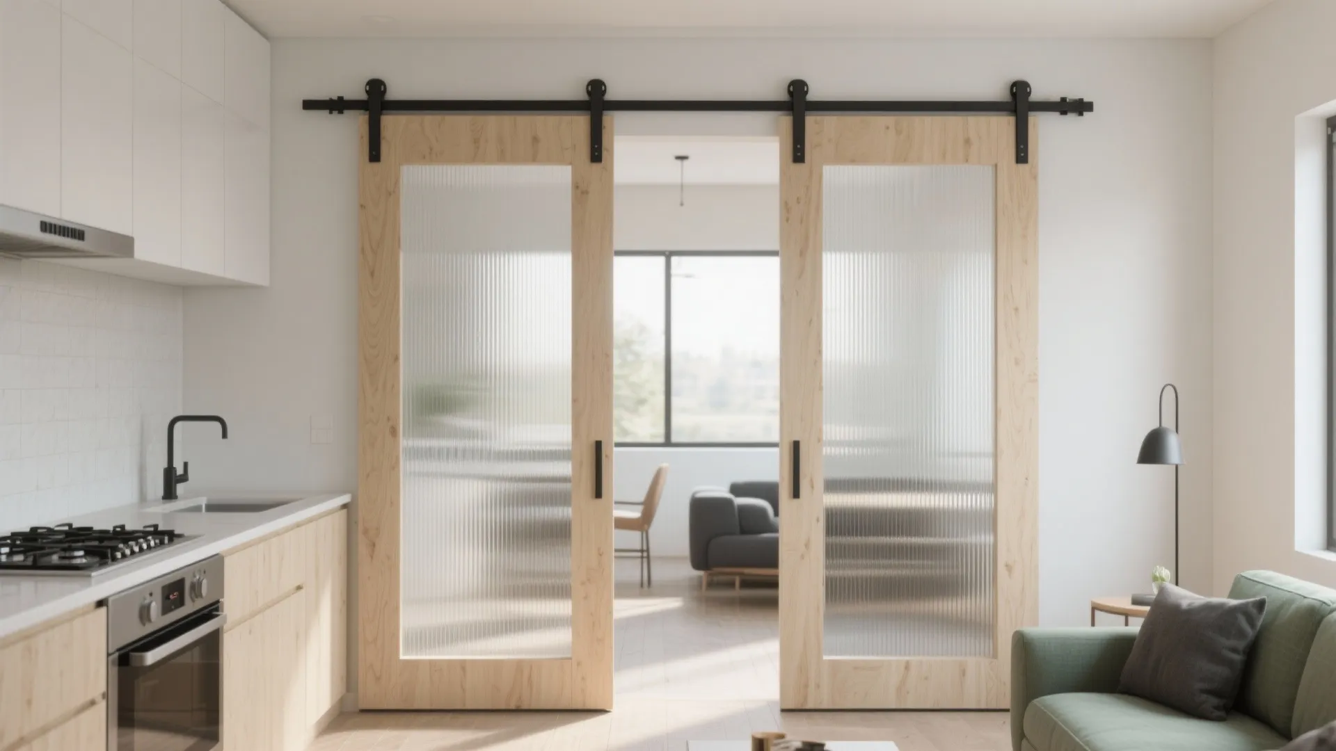 Modern kitchen with wood sliding glass doors leading to a bright living room with grey sofa