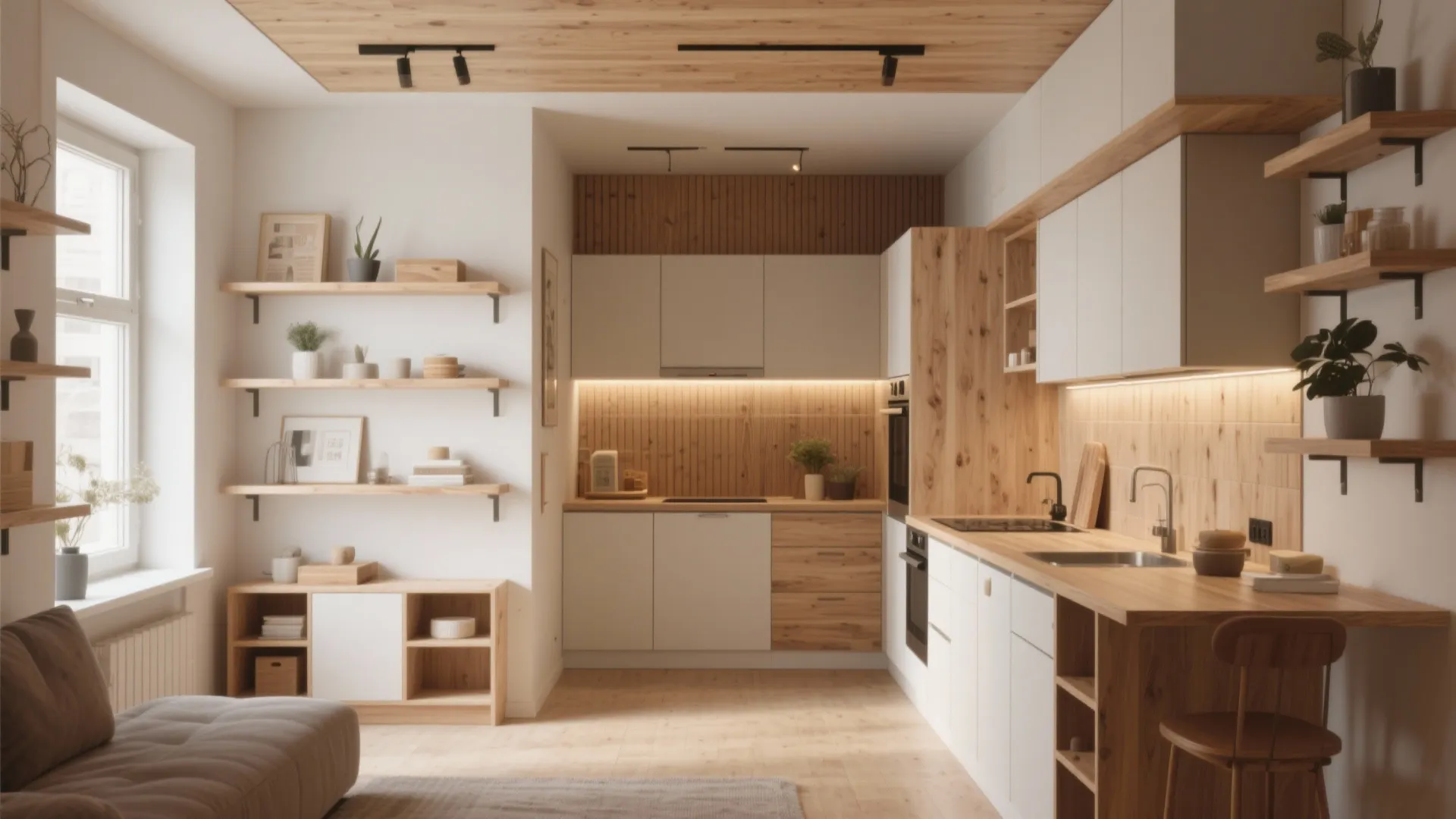 Modern open kitchen with white cabinets wooden counters wall shelves ceiling lights and a small window