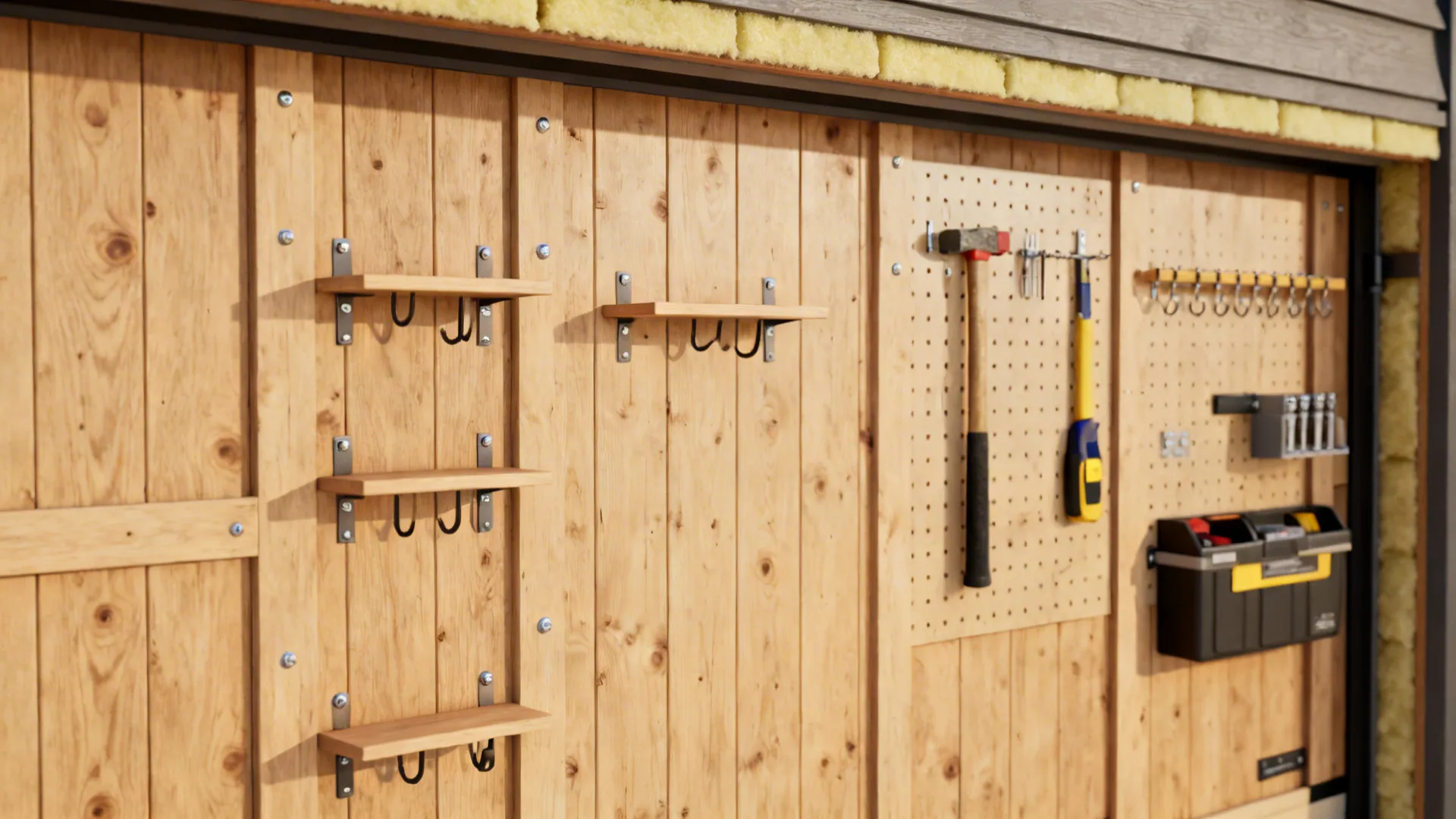 Wooden wall with small shelves hooks and pegboard holding a hammer and black tool box