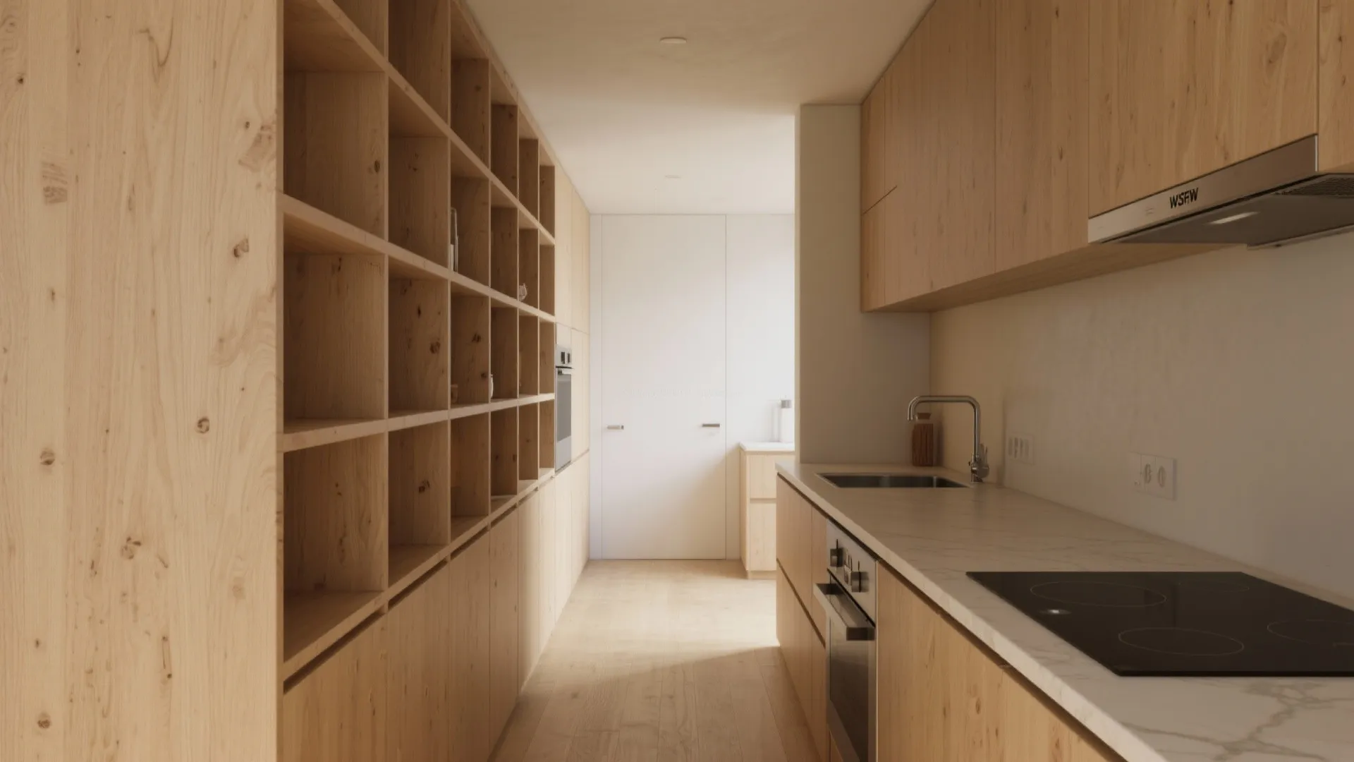 Narrow kitchen area with light wood cabinets open shelving white countertop sink and black stove
