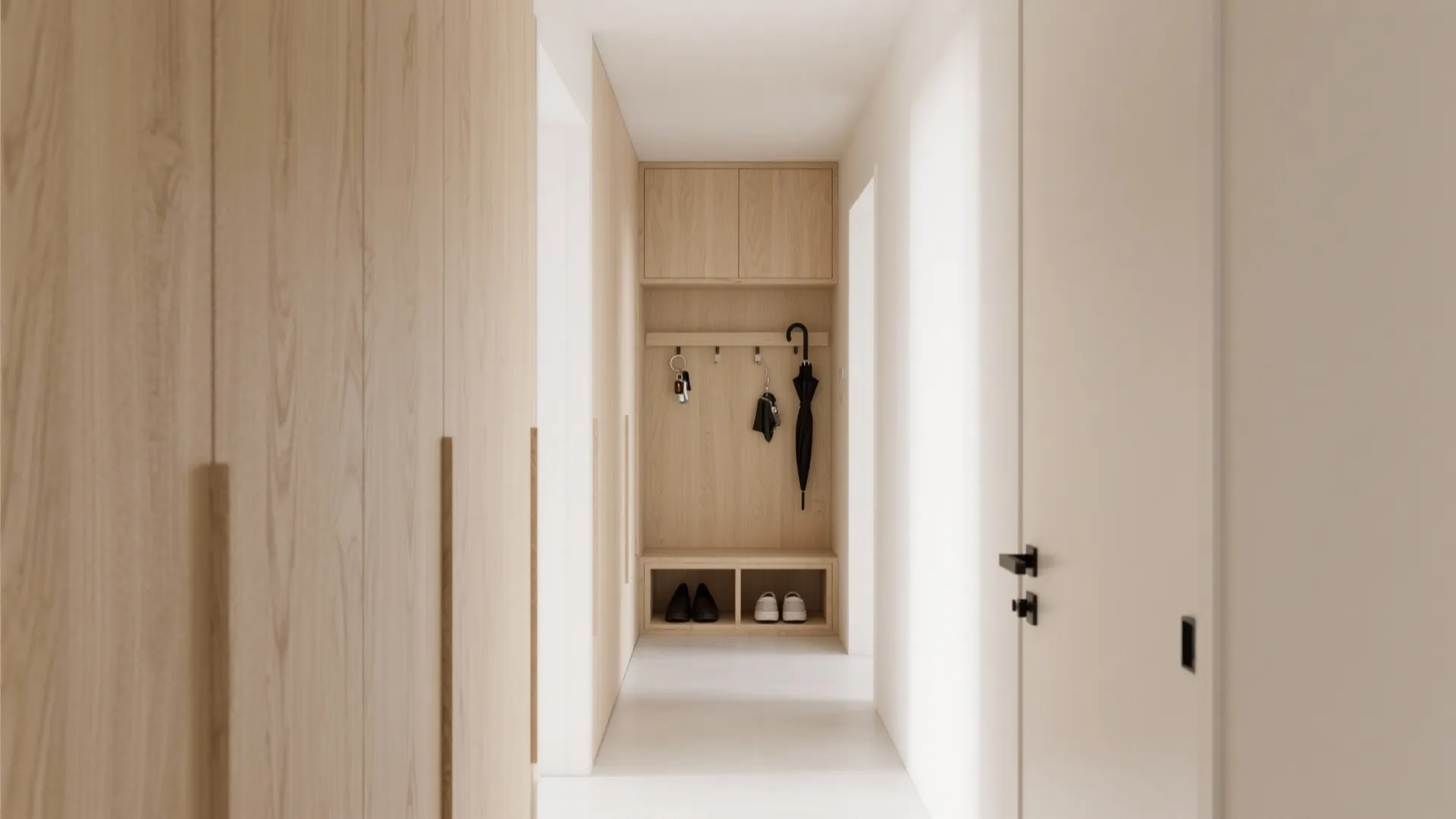 Minimalist Plywood Wall Storage for a Calm Hall