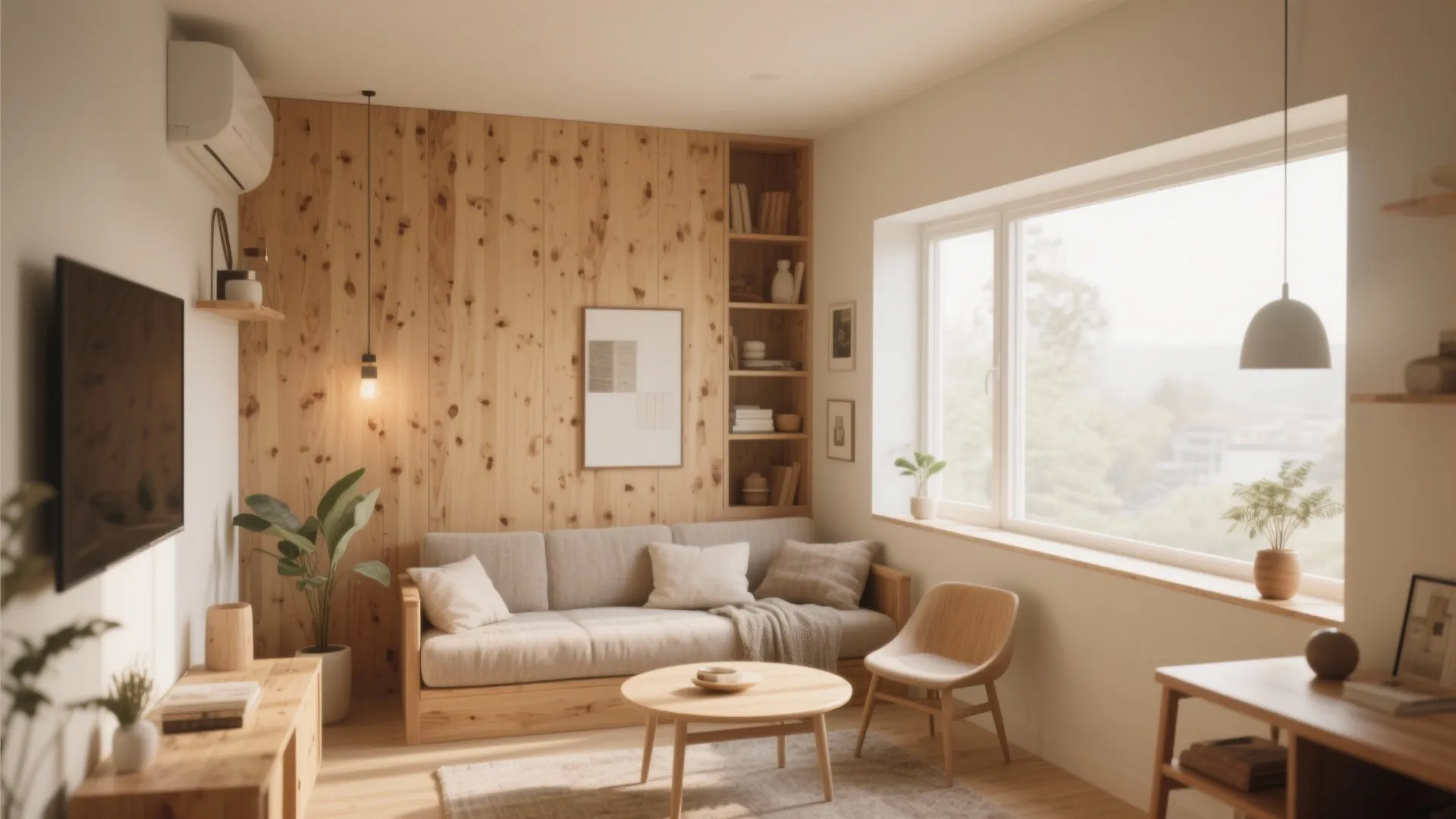 Modern living room featuring wood wall panels grey sofa round coffee table and large window