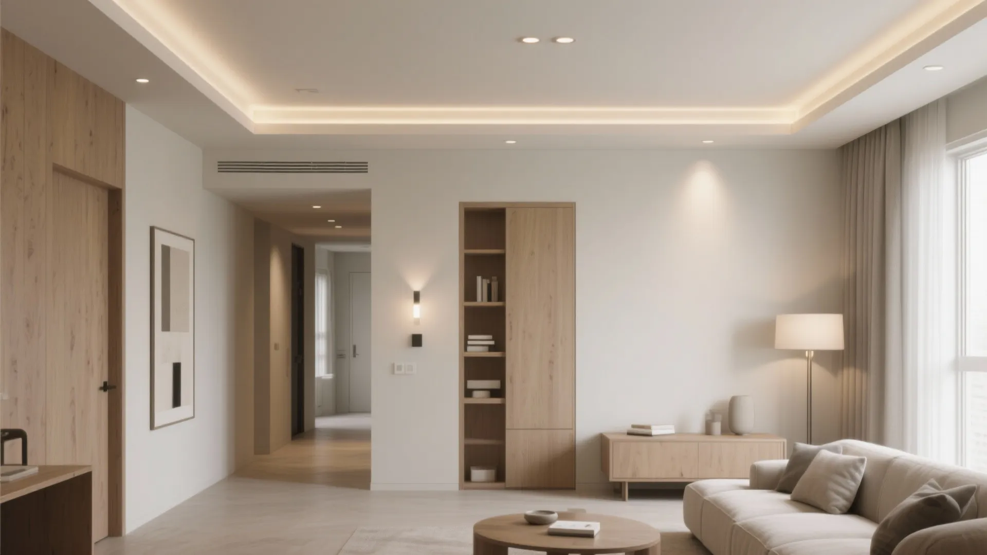 Minimalist living room with beige sofa wooden cabinet wall light floor lamp and neutral colors