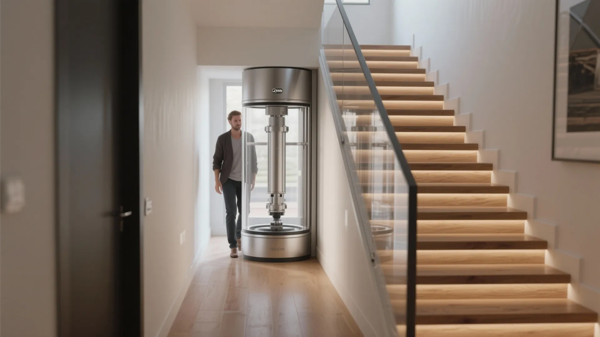 Modern glass home lift installed next to wooden stairs with light fixtures in a house