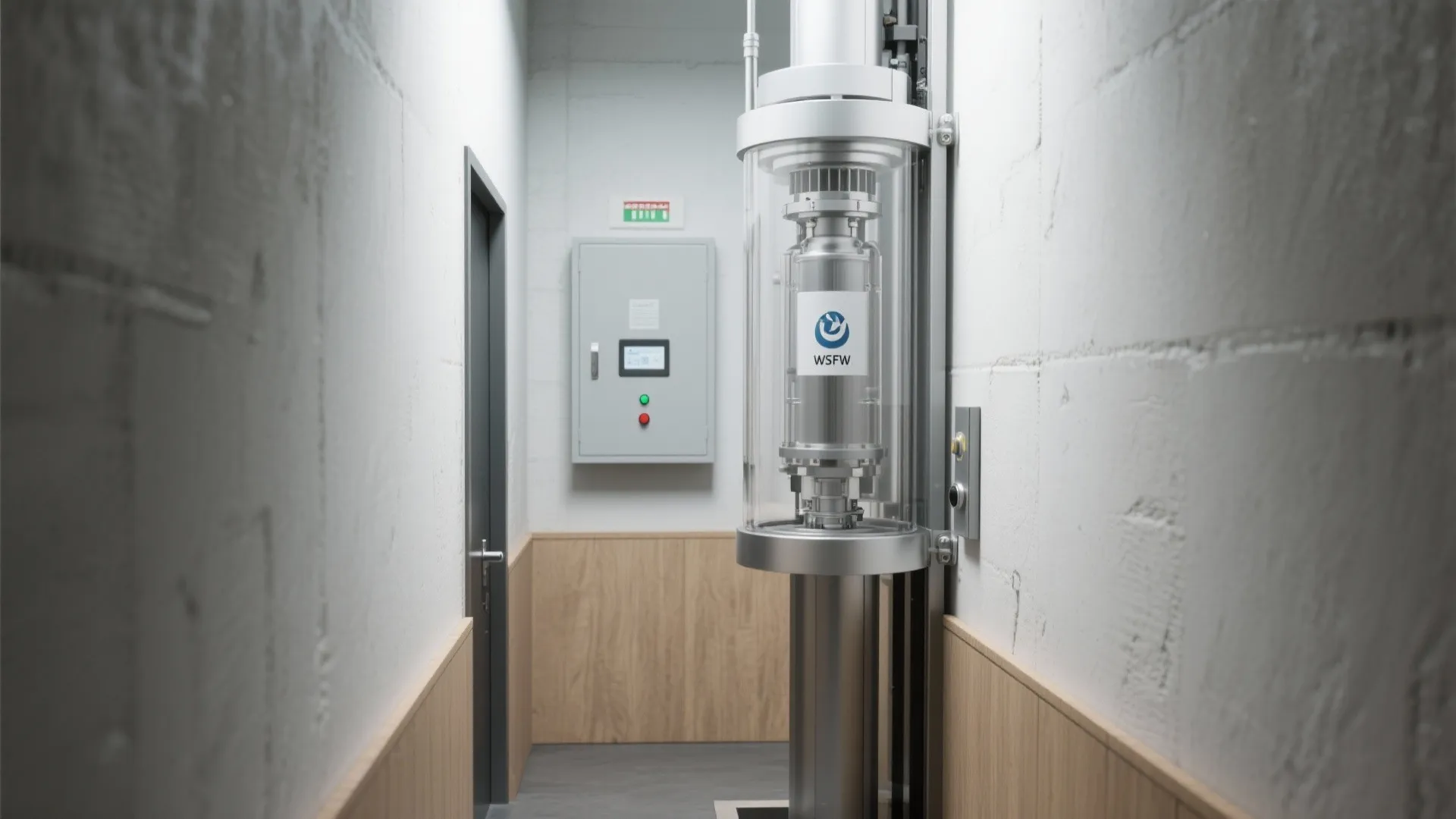 Modern vacuum home elevator installed in narrow hallway with white walls and wooden wall panels