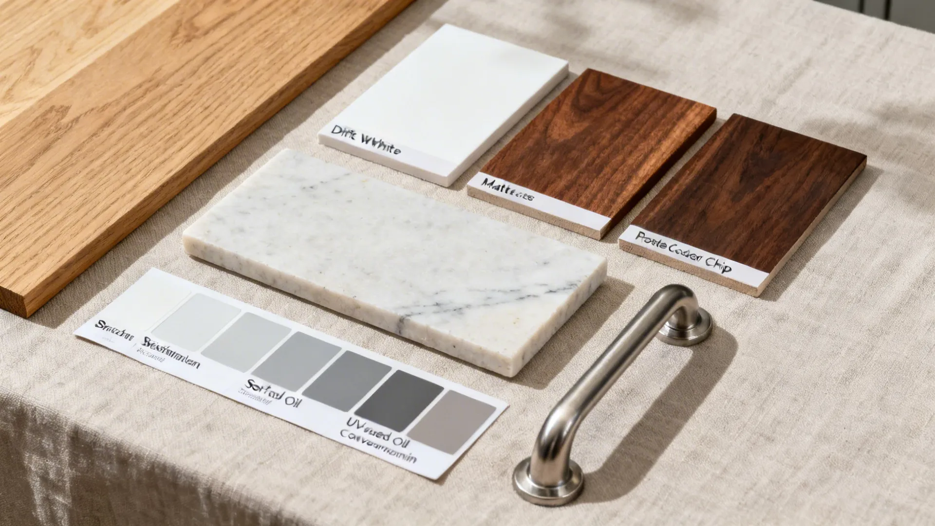 Flat lay of oak and walnut veneers, white lacquer, light quartz, and stainless hardware.