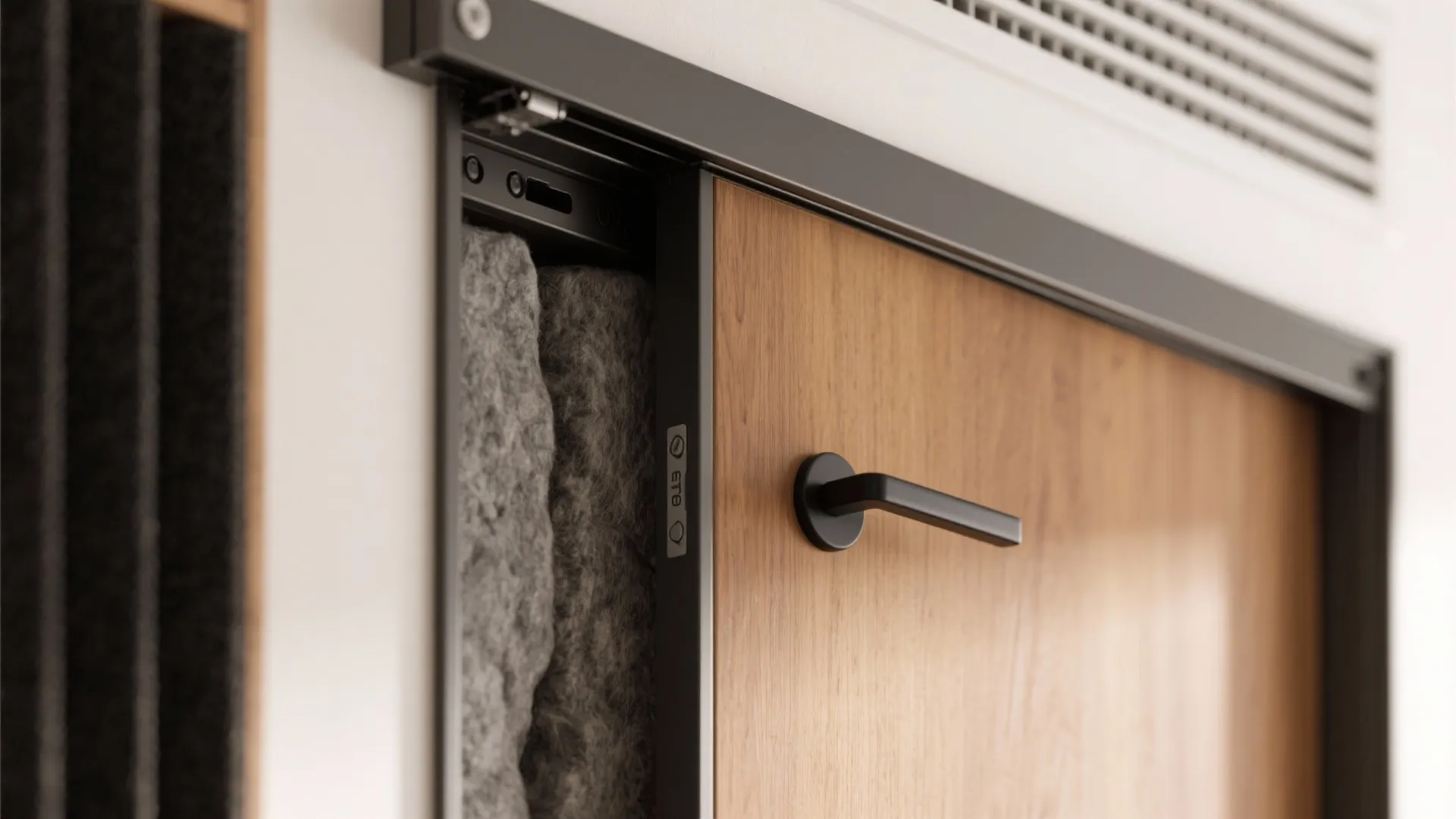 Close up of a wooden sliding door with black handle and soundproof material inside wall
