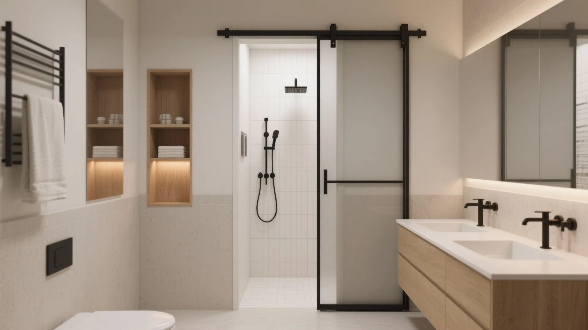 Modern bathroom featuring double wooden sinks black faucets sliding glass door and wooden wall storage shelves