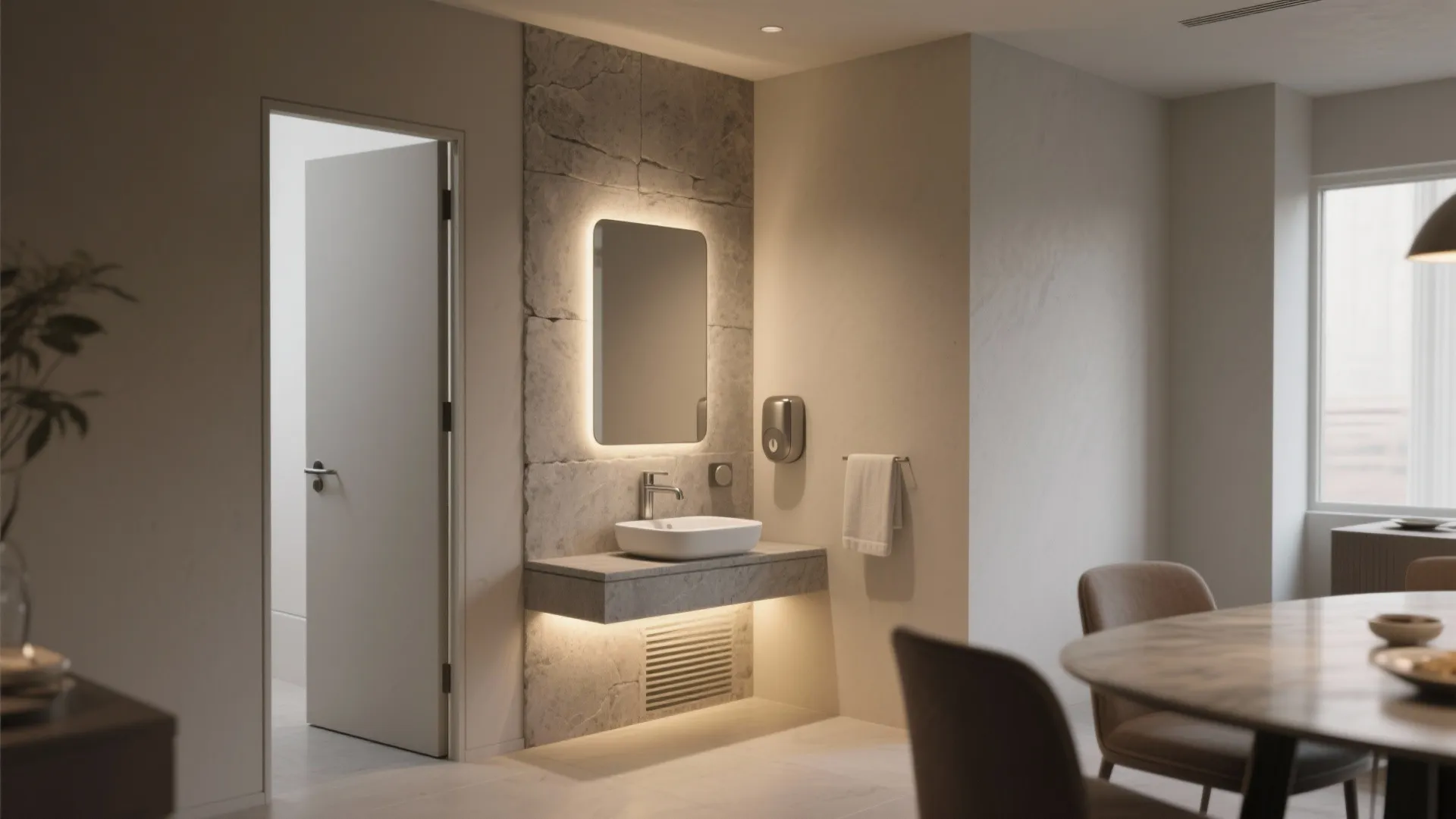 Modern stone wall bathroom area with lighted mirror white wash basin and nearby dining room