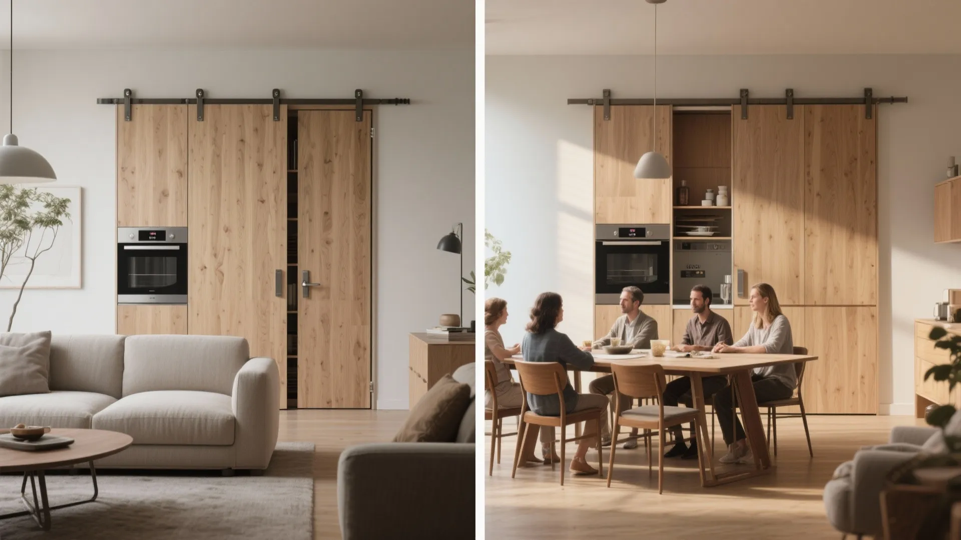 Comparison of sliding wooden cabinet doors hiding a kitchen area and people dining at table