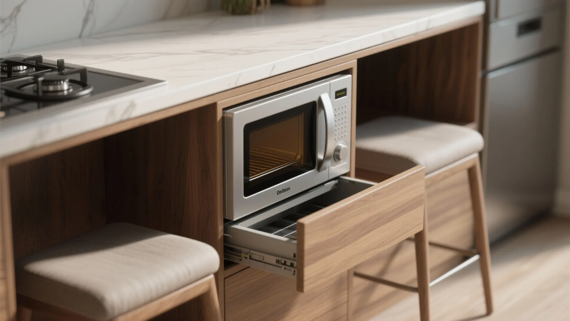 Silver microwave oven built into wooden kitchen island with open drawer and white marble countertop