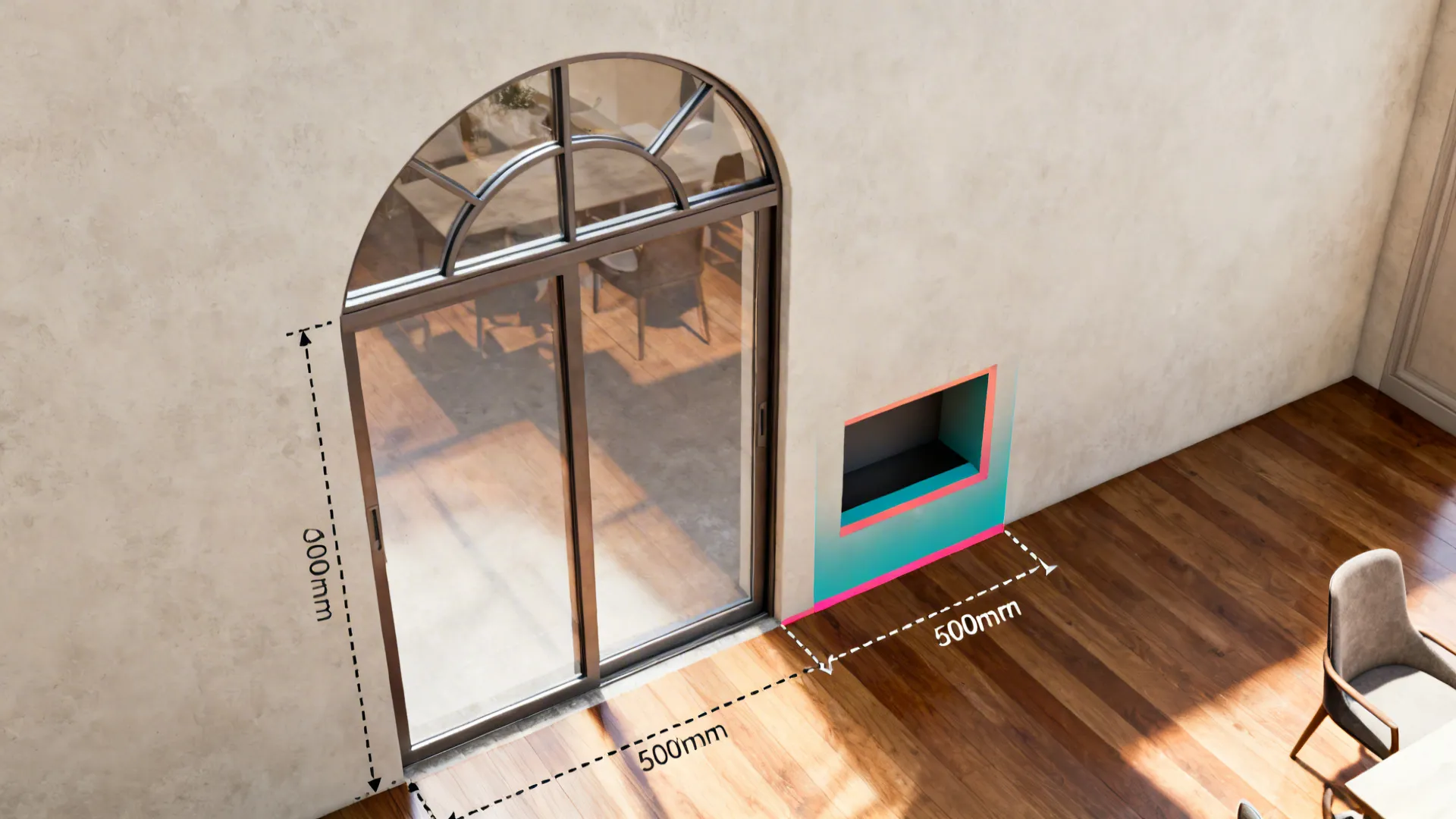 Top-down view explaining a steel arched opening with a sliding glass pocket and circulation clearances.