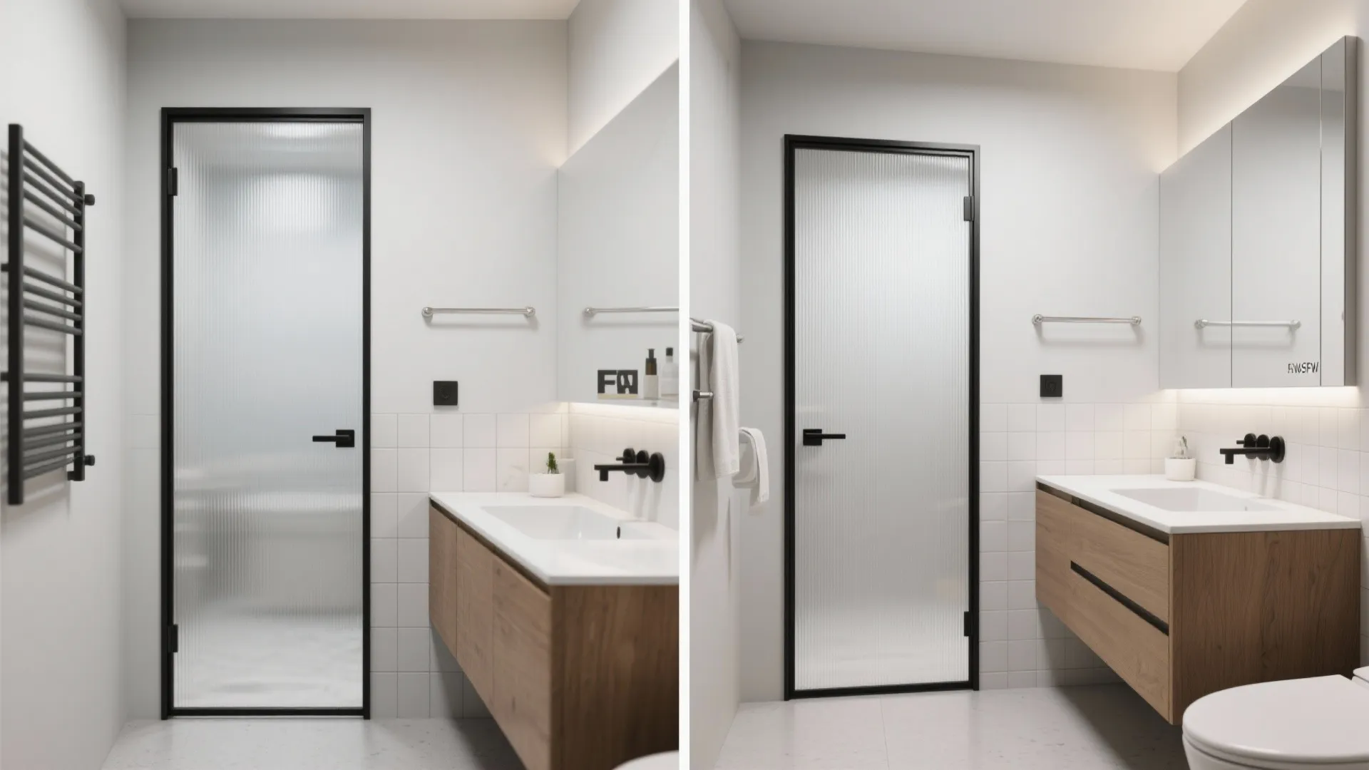 Modern bathroom with frosted glass door black frame wooden cabinet white sink and mirror side view