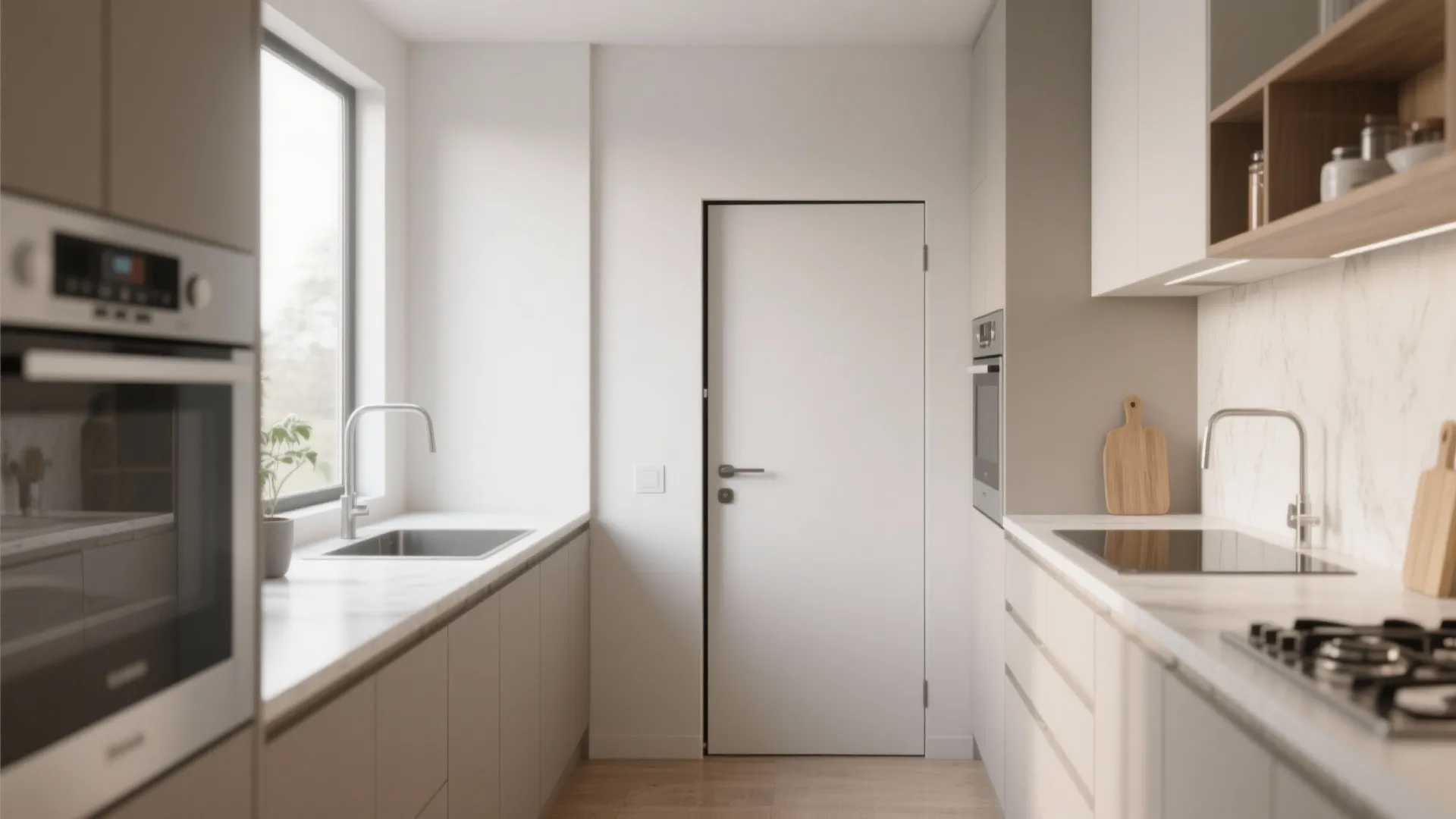 Minimalist small kitchen with white cabinets and a simple white door leading to another room