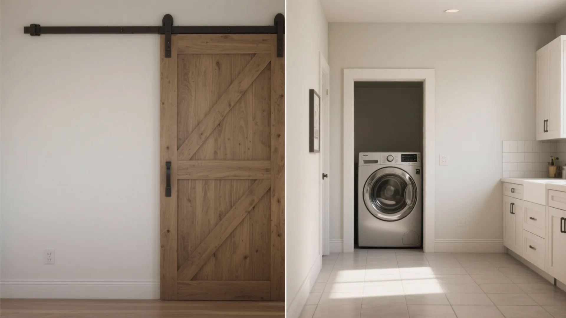 Before and after comparison of a wooden sliding door next to a small laundry room area
