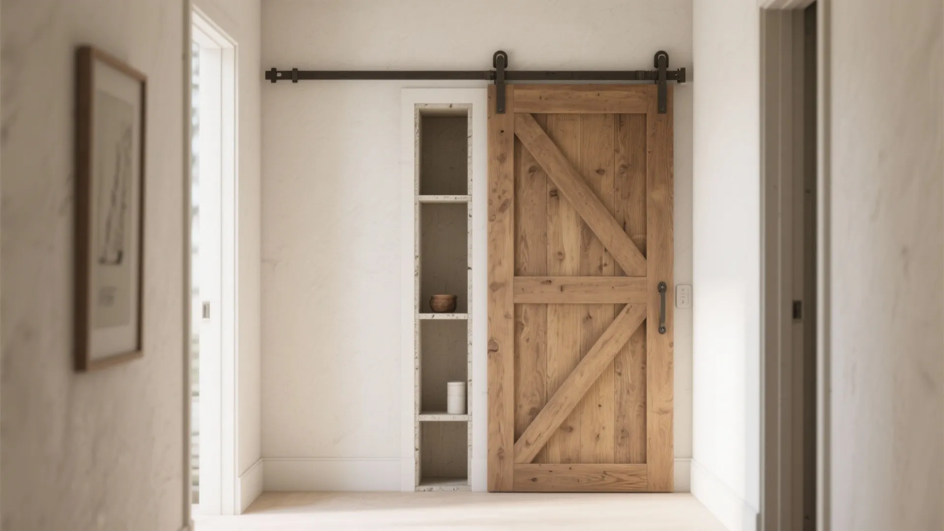 Cutaway view of a pocket barn door sliding into a wall cavity to maximize hallway circulation.