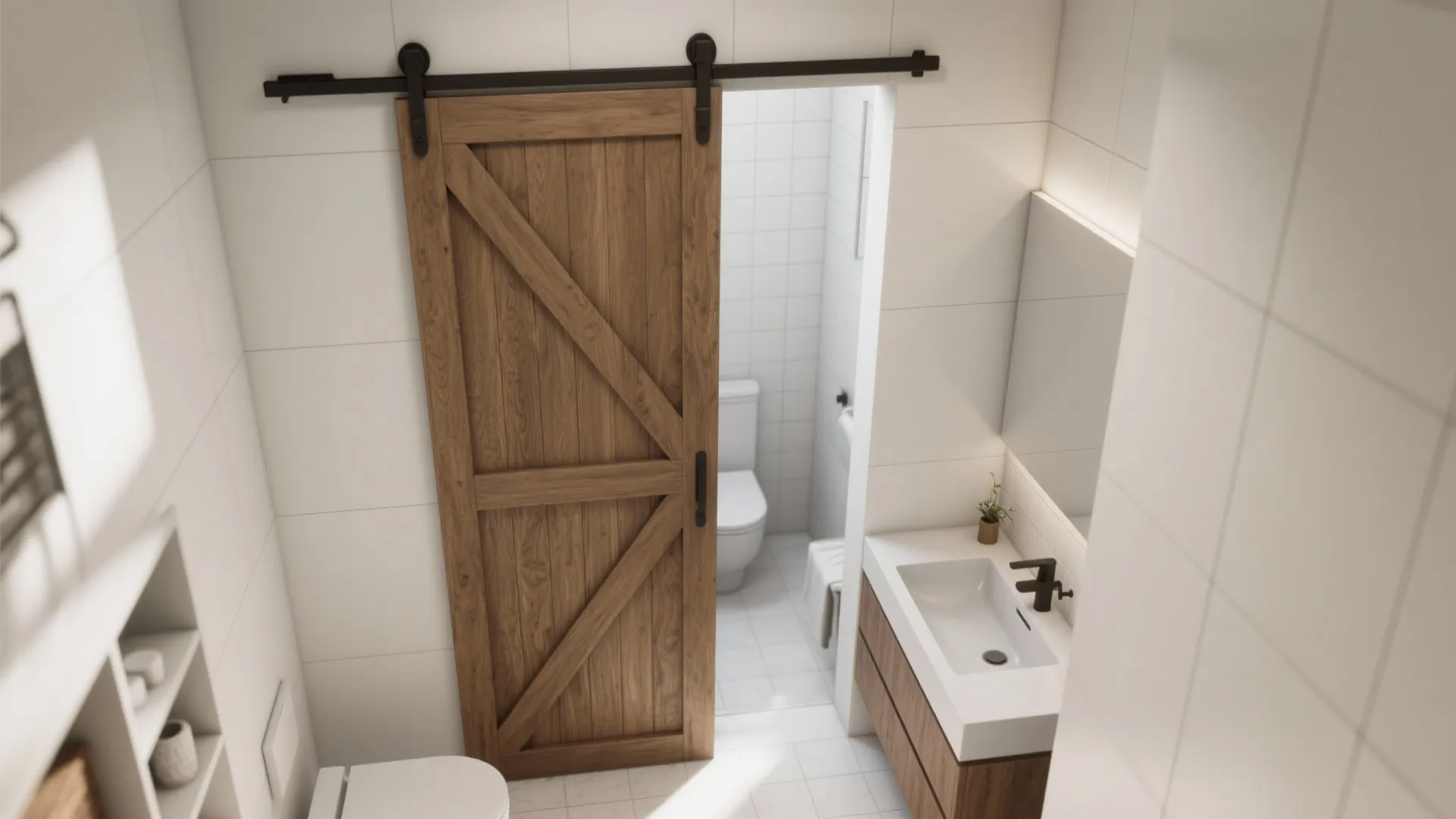 Top view of a small bathroom with wooden sliding door white tiles and a simple cabinet