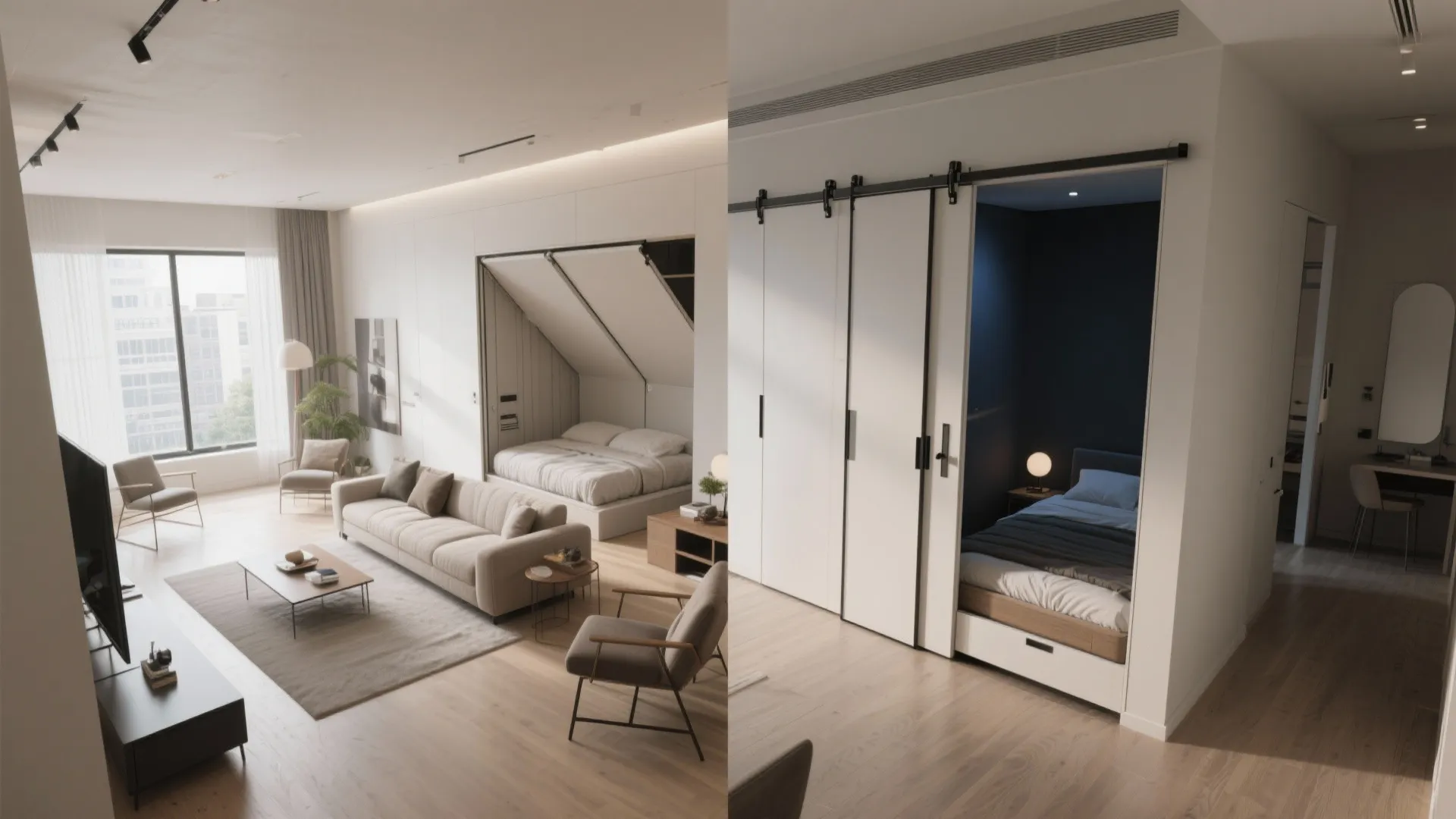 Living room with wall bed pulled down and small bedroom behind white sliding closet doors