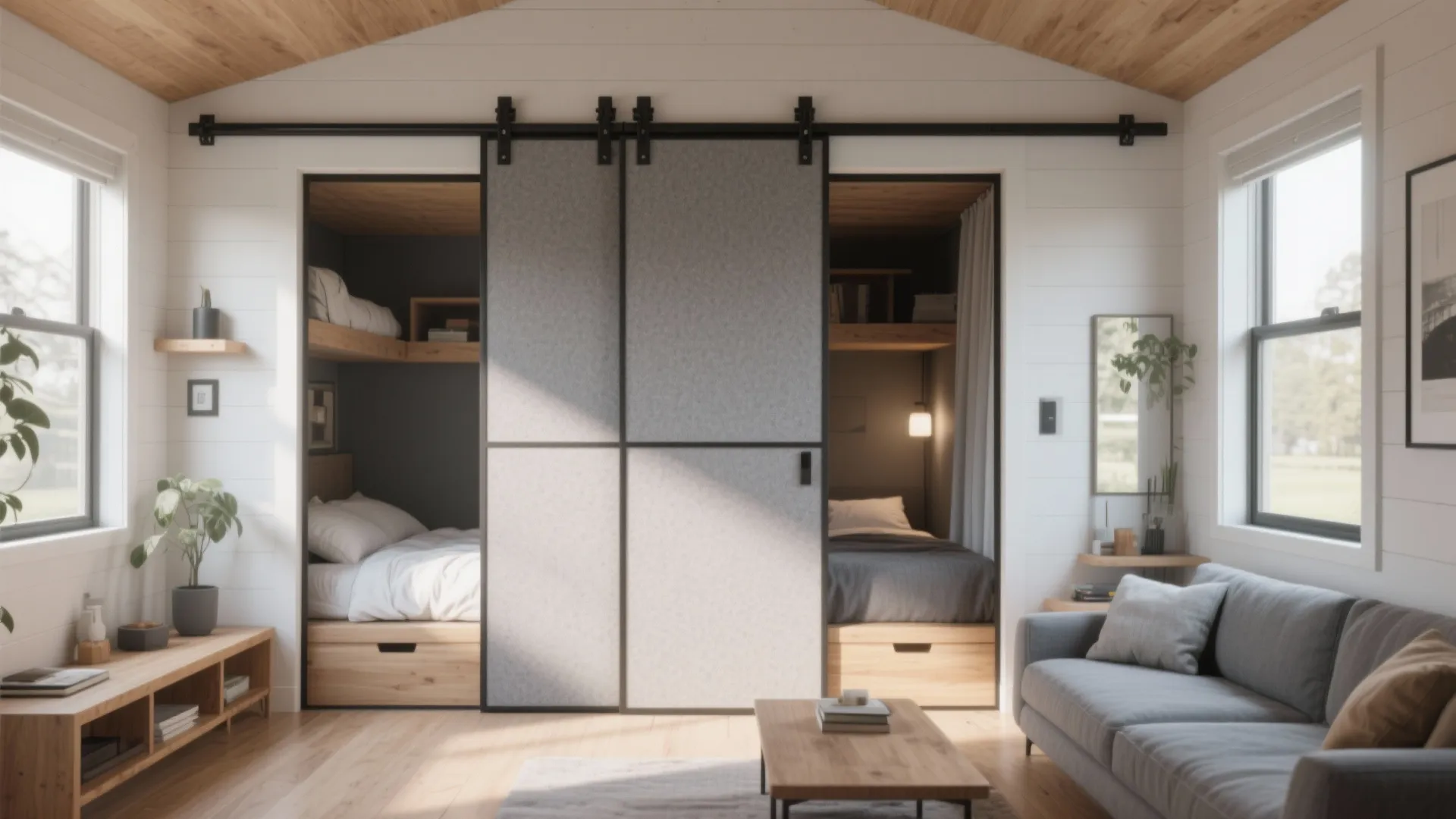 Open-plan tiny home with sliding walls creating pocket bedrooms and a large communal living area
