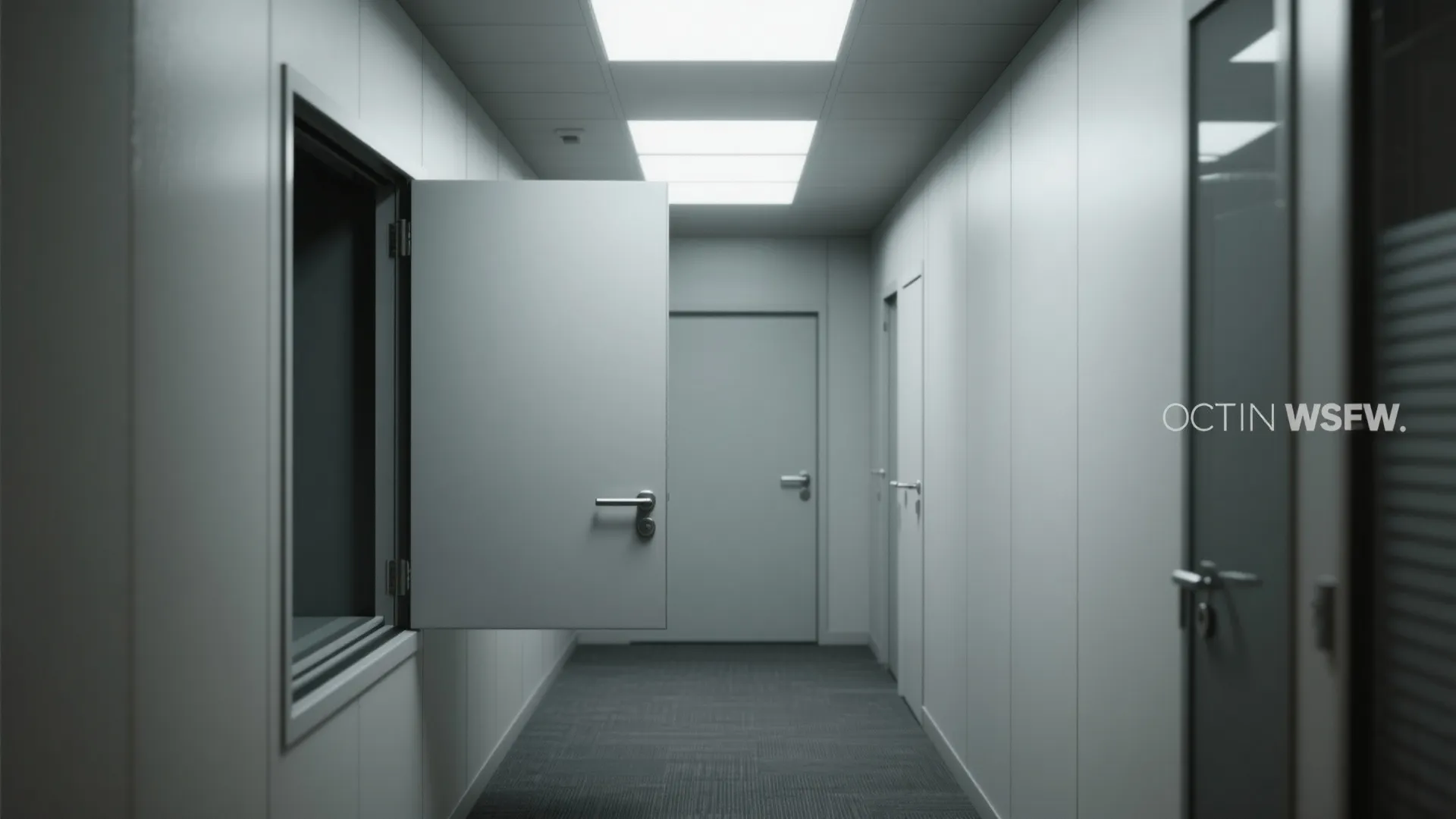 White office corridor with an open bifold door leading to a small internal storage space