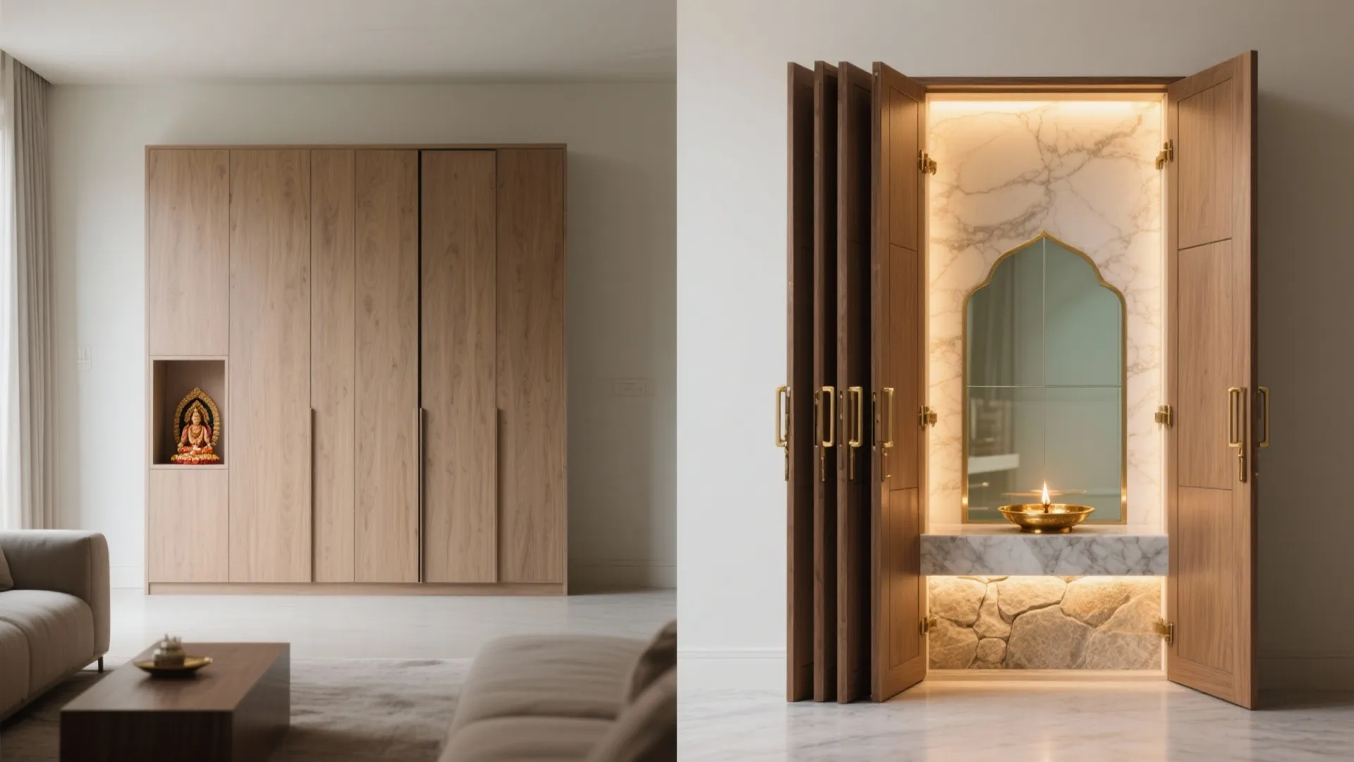 3) Pocket or bi-fold door pooja niche inside cabinetry