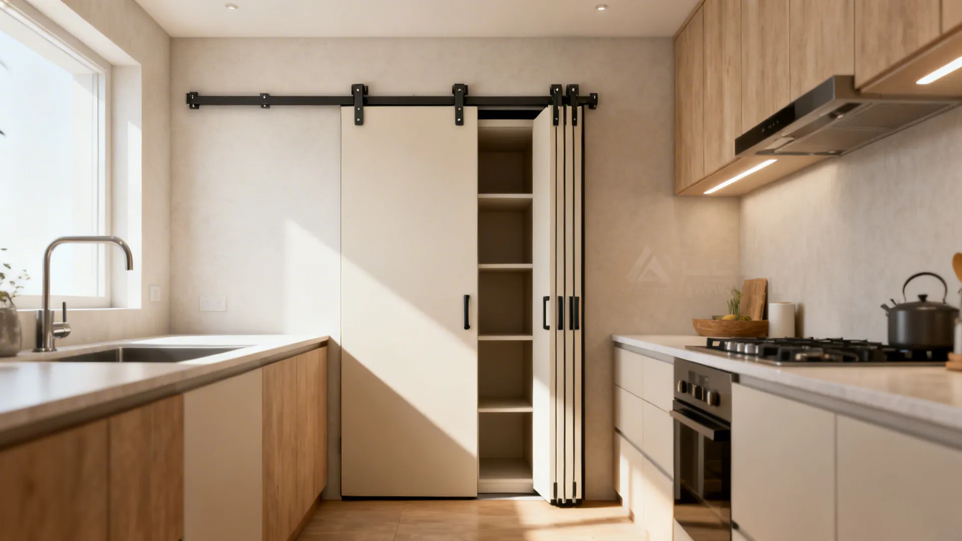 Compact kitchen with a pocket pantry door and a bifold utility closet under soft daylight.